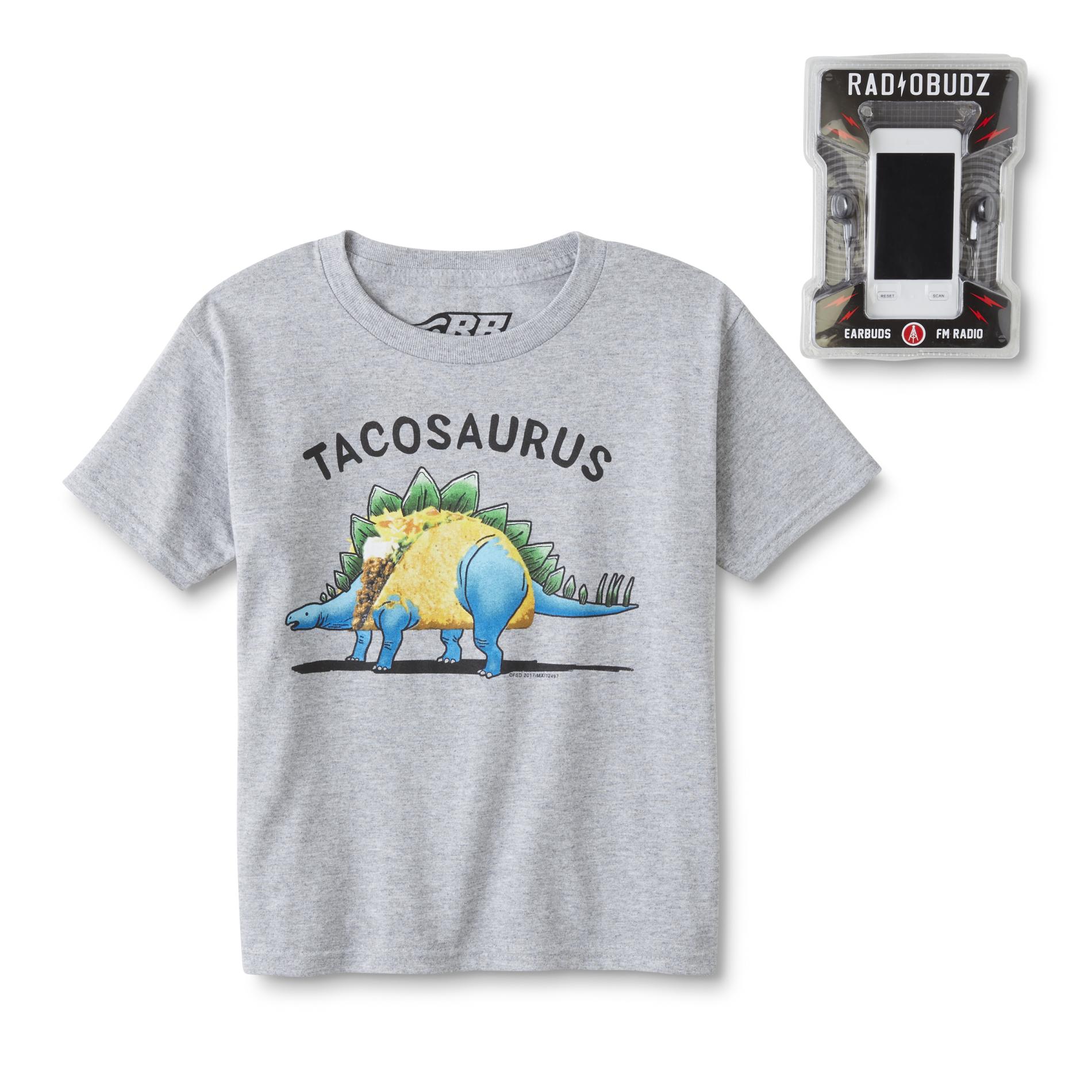 Rude Boyz Boys' Graphic T-Shirt, Radio & Earbuds - Tacosaurus