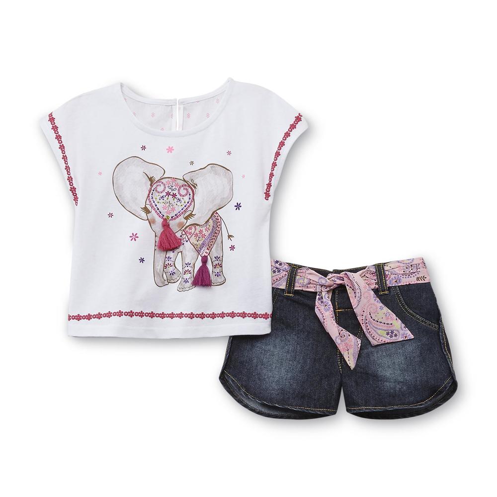 Route 66 Baby Infant & Toddler Girl's Embellished Top & Denim Shorts - Elephant