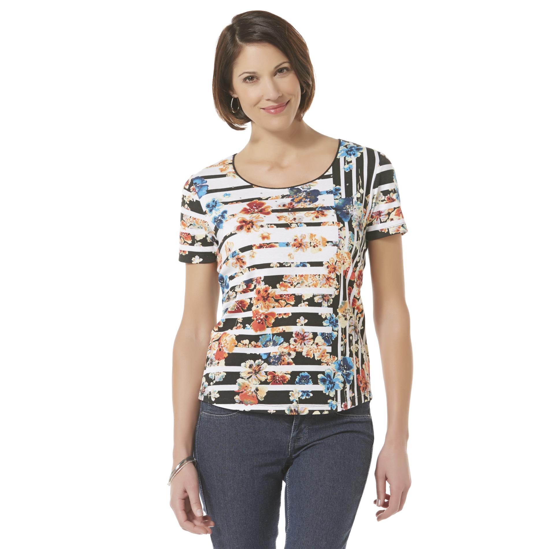 Basic Editions Women's Embellished High-Low T-Shirt - Floral