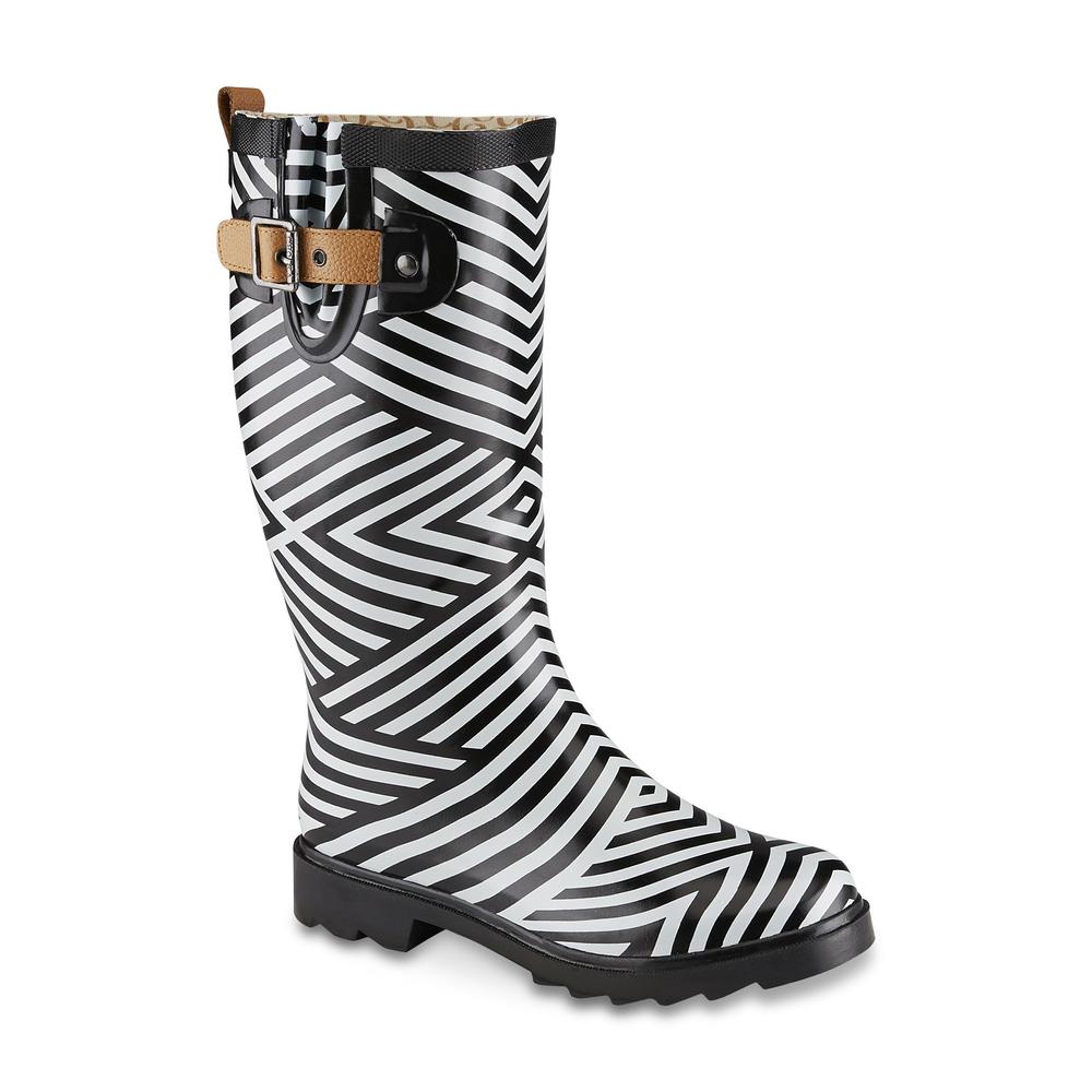 Chooka Women's Ziggy Black/White/Chevron Striped Rain Boot