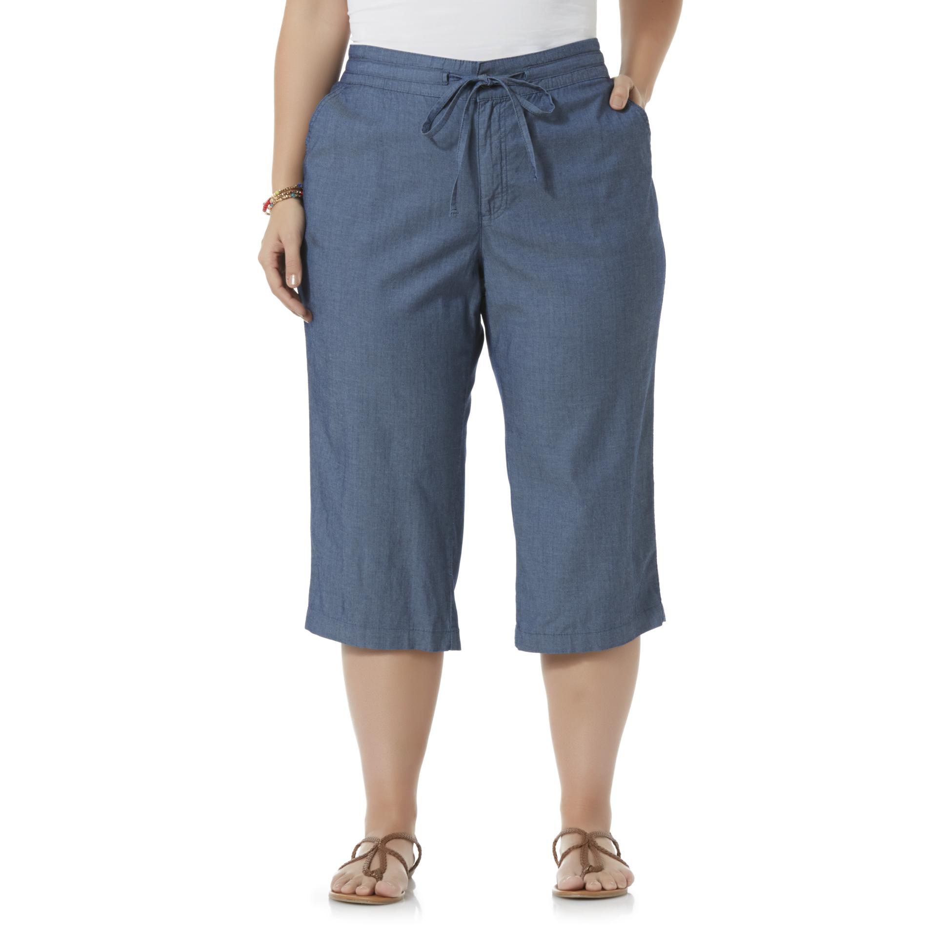 Basic Editions Women's Plus Chambray Capri Pants