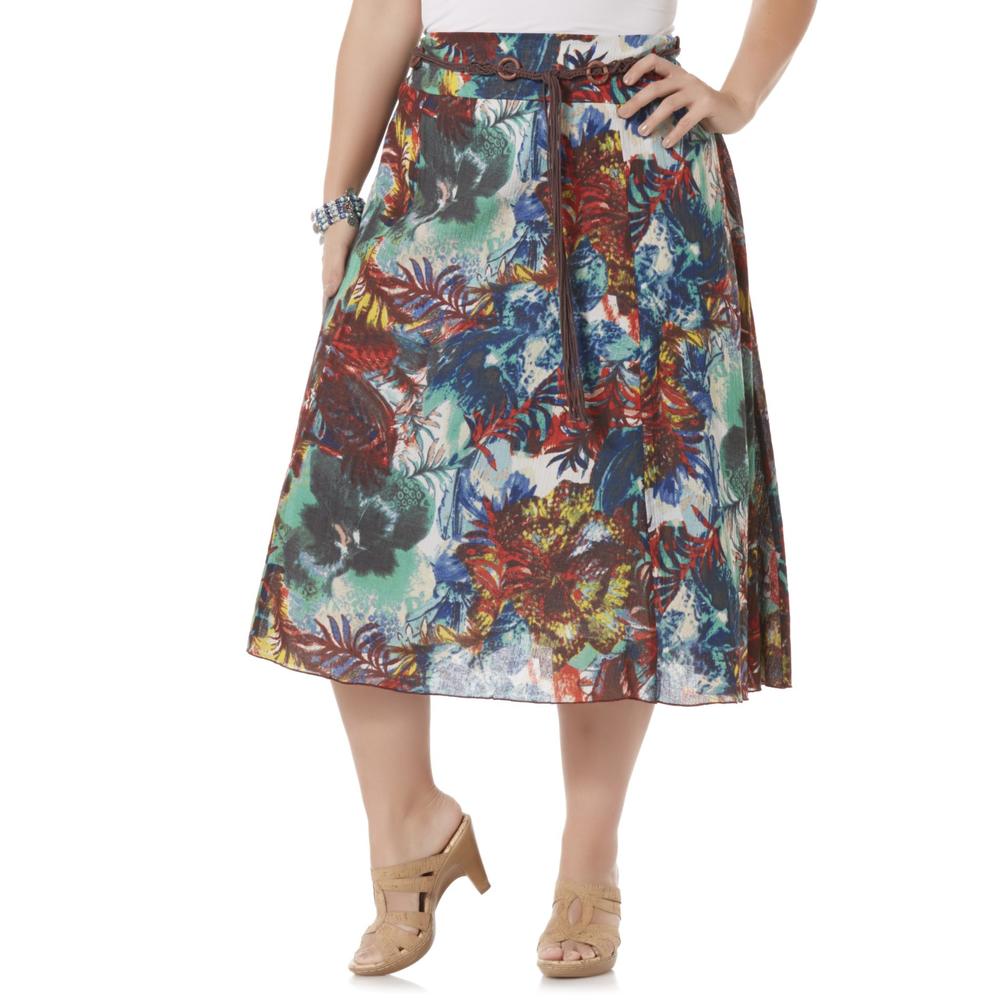 Laura Scott Women's Plus Gauze Skirt & Belt - Leaf & Floral Print