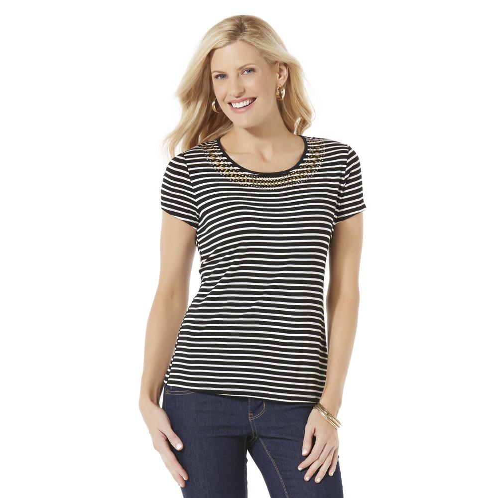Jaclyn Smith Women's Embellished T-Shirt - Striped