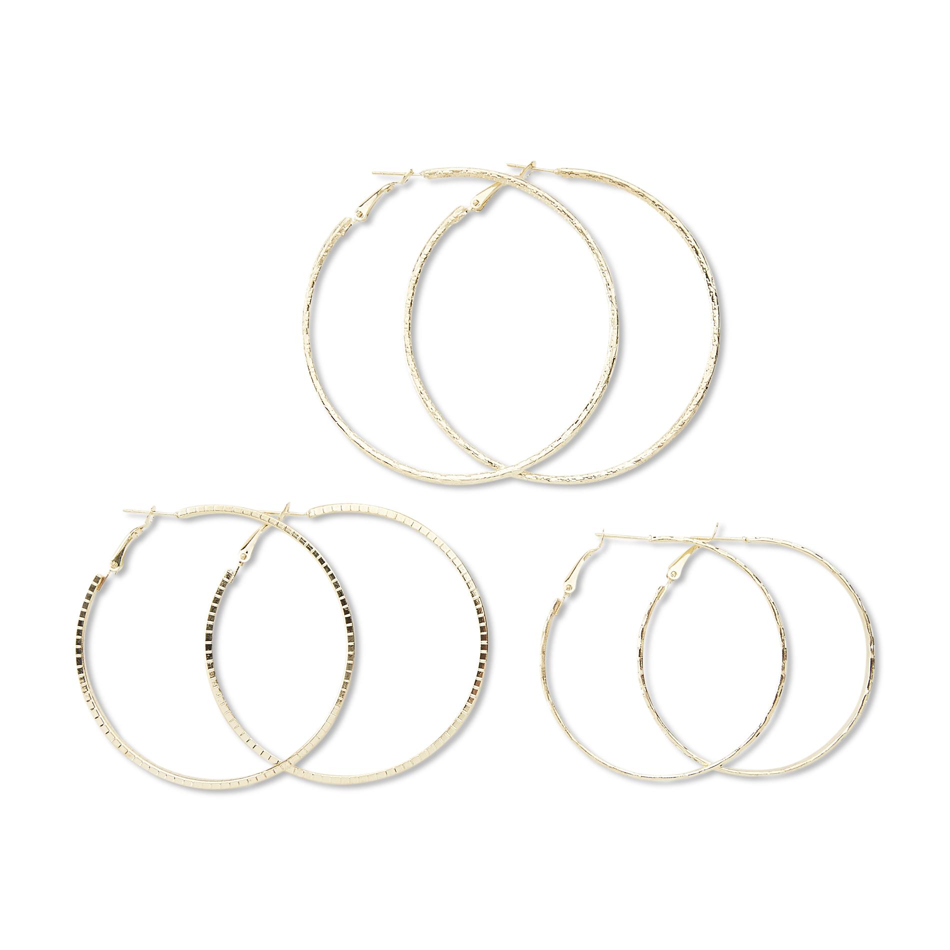 Attention Women's 3-Pairs Goldtone Textured Hoop Earrings