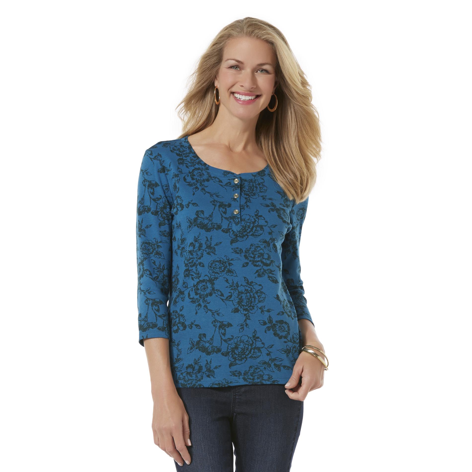 Basic Editions Women's Henley Top - Floral