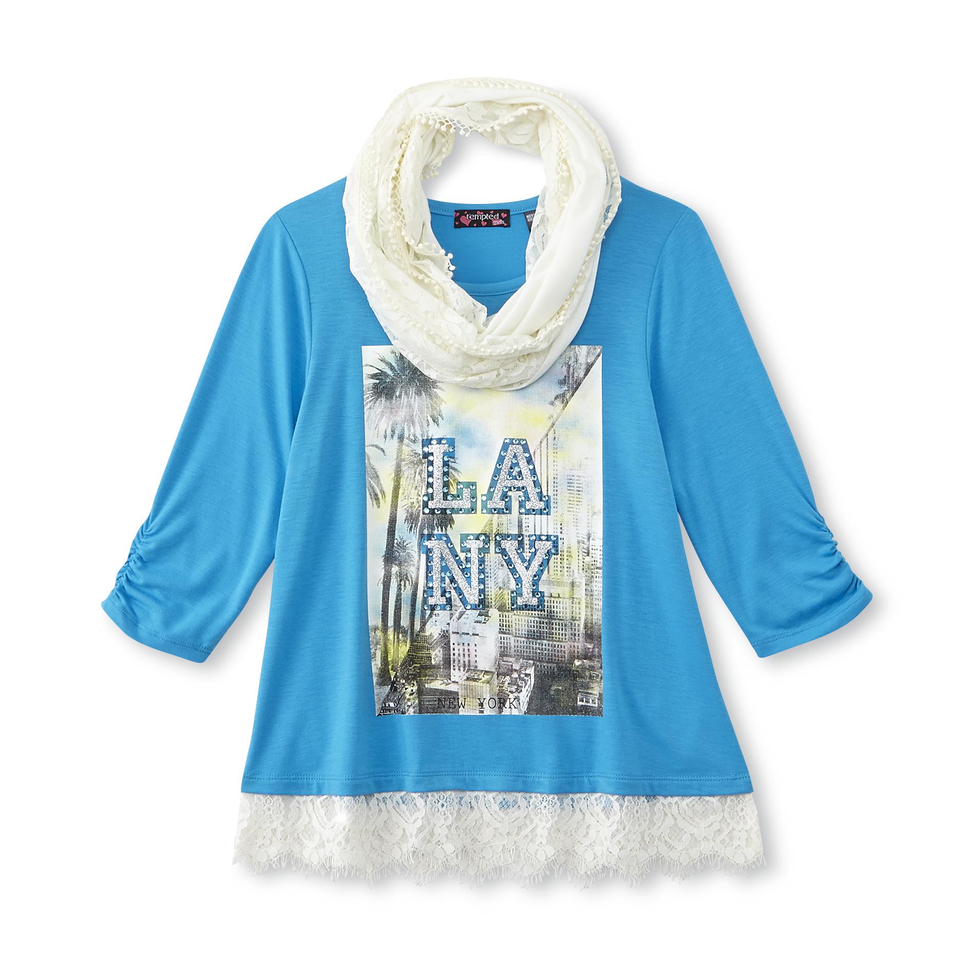 Tempted Apparel Girl's Lace-Trim Top & Scarf - Cityscape