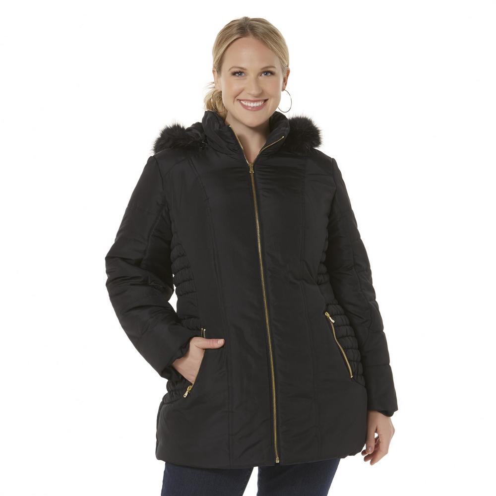 Attention Women's Plus Faux Fur Trim Hooded Winter Jacket