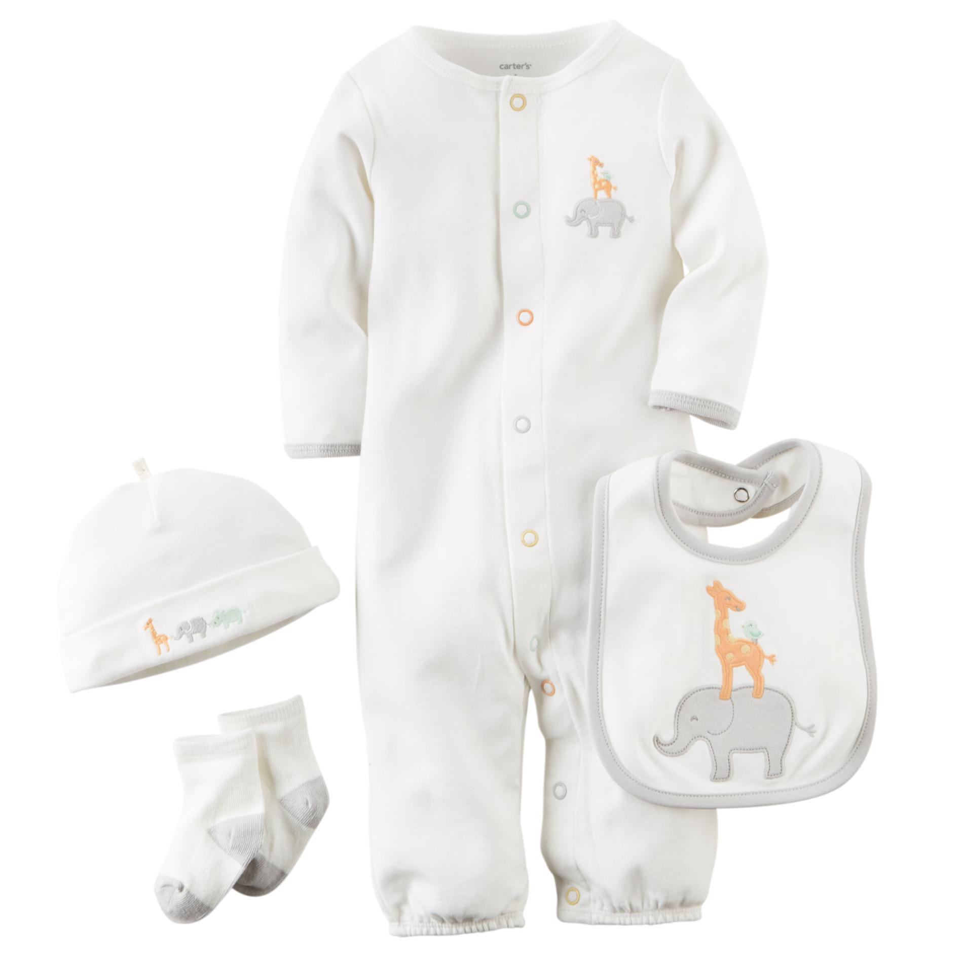Carter's Newborn's Converter Gown  Bib  Hat & Socks - Animals