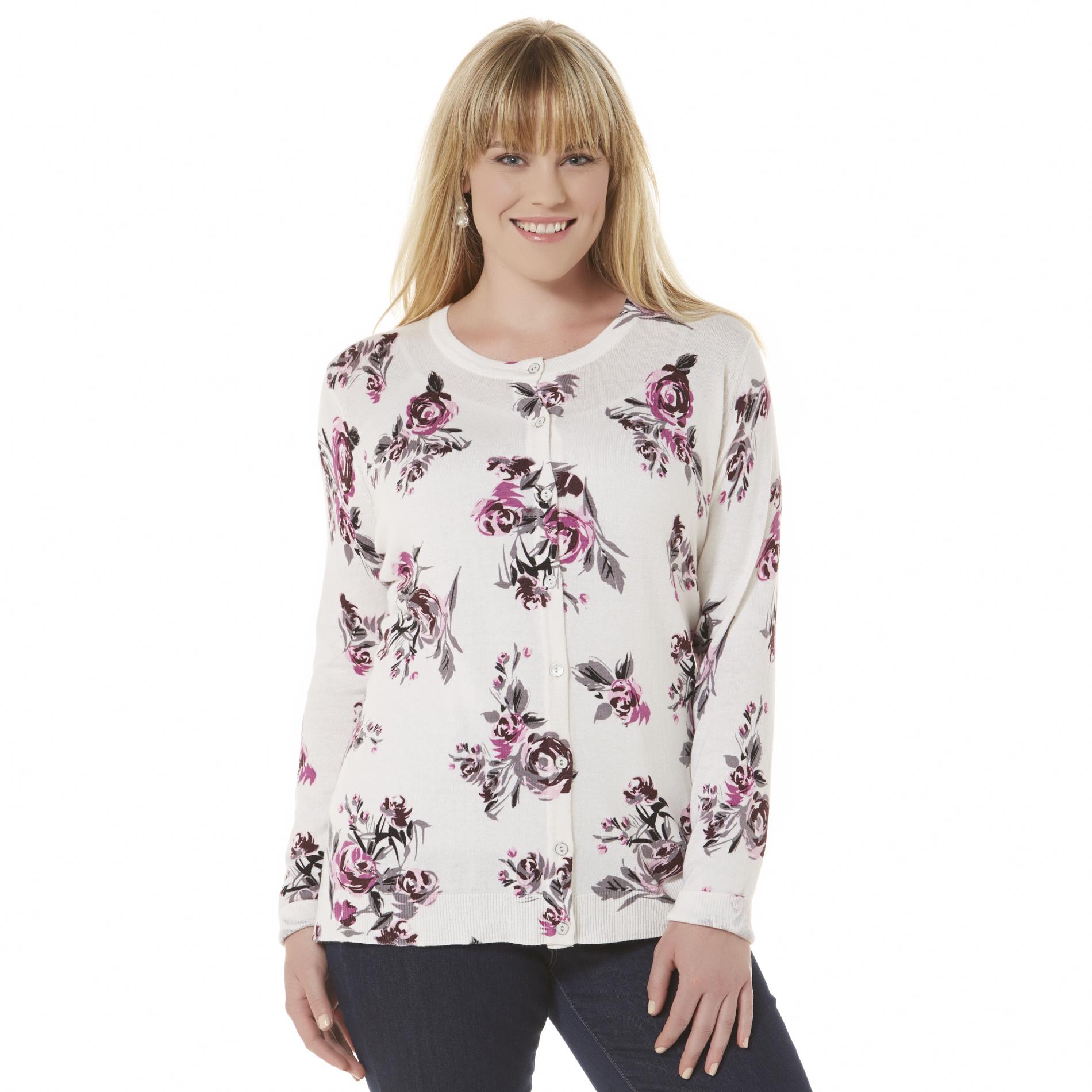 Basic Editions Women's Plus Cardigan Sweater - Floral