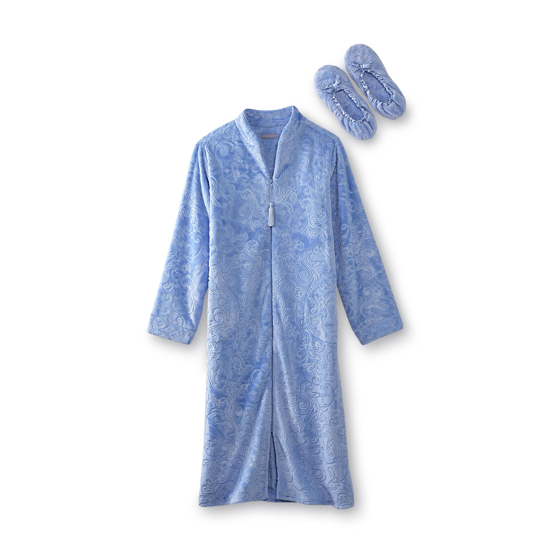 Laura Scott Women's Embossed Scroll Plush Fleece Robe & Slippers