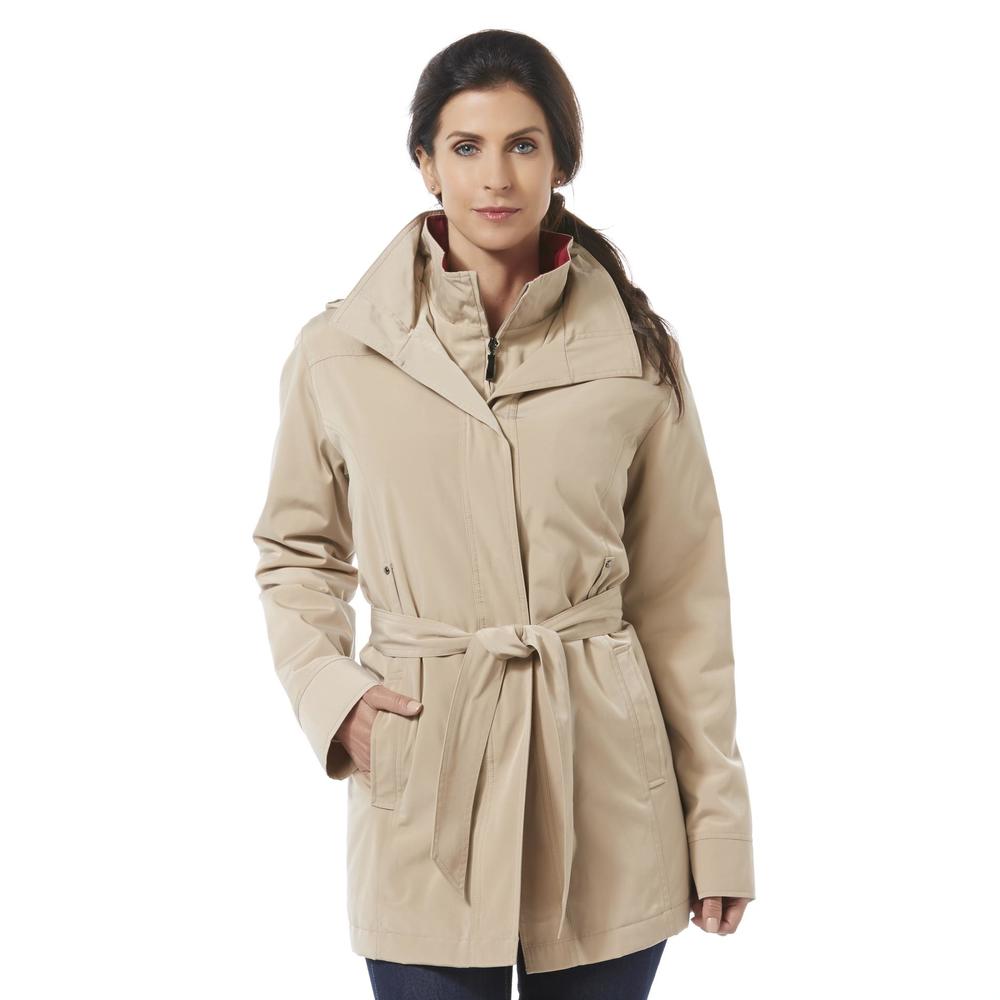 Basic Editions Women's Hooded Water-Resistant Belted Jacket