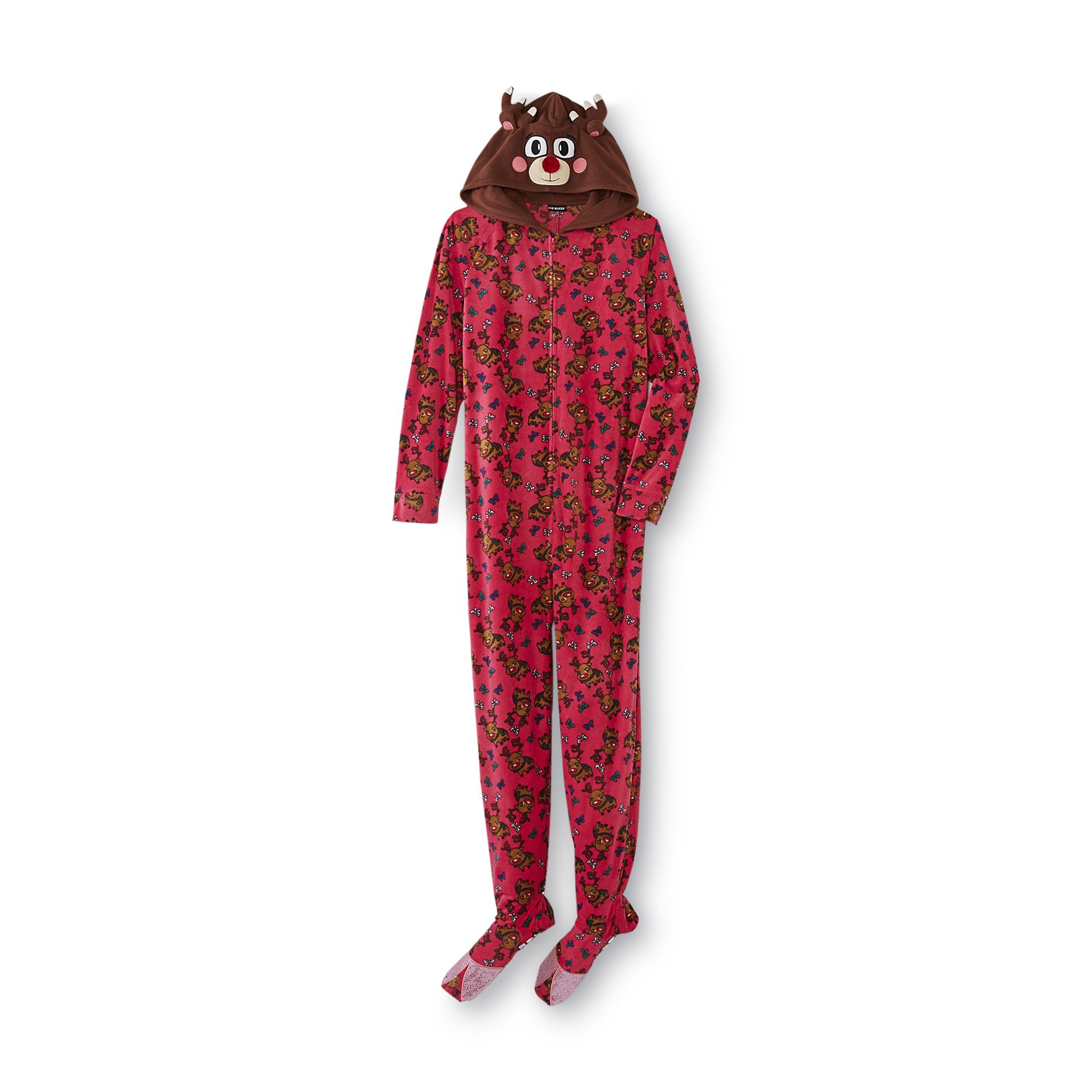 Joe Boxer Women's Reindeer Hooded Fleece Footie Pajamas