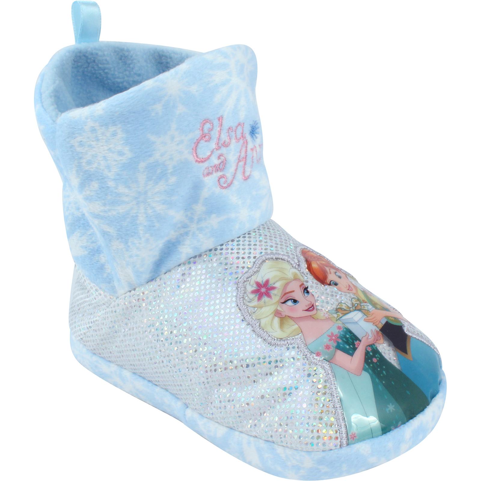 Disney Frozen Girl's Anna & Elsa Blue/White Plush Bootie Slipper