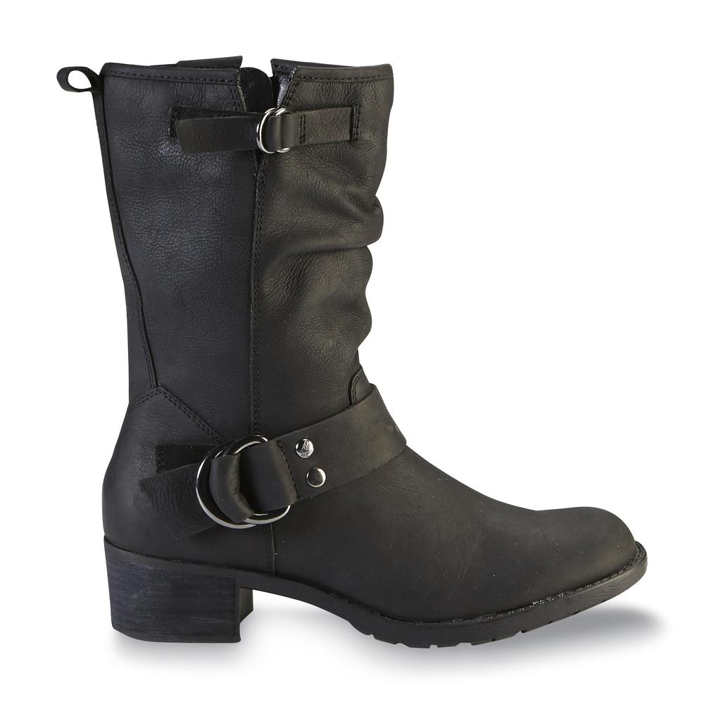 Hush Puppies Women's Emelee Overton Black Leather Mid-Calf Moto Boot &#8211; Wide Width Available