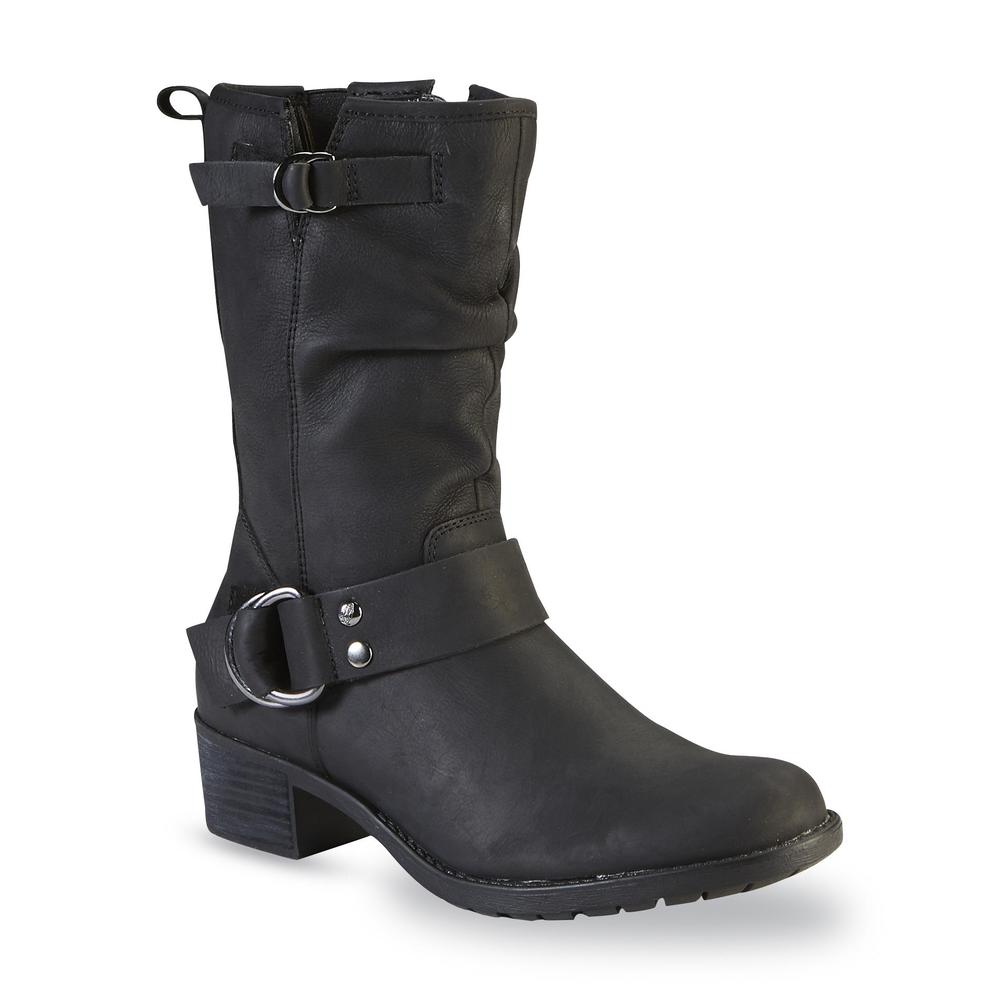 Hush Puppies Women's Emelee Overton Black Leather Mid-Calf Moto Boot - Wide Width Available