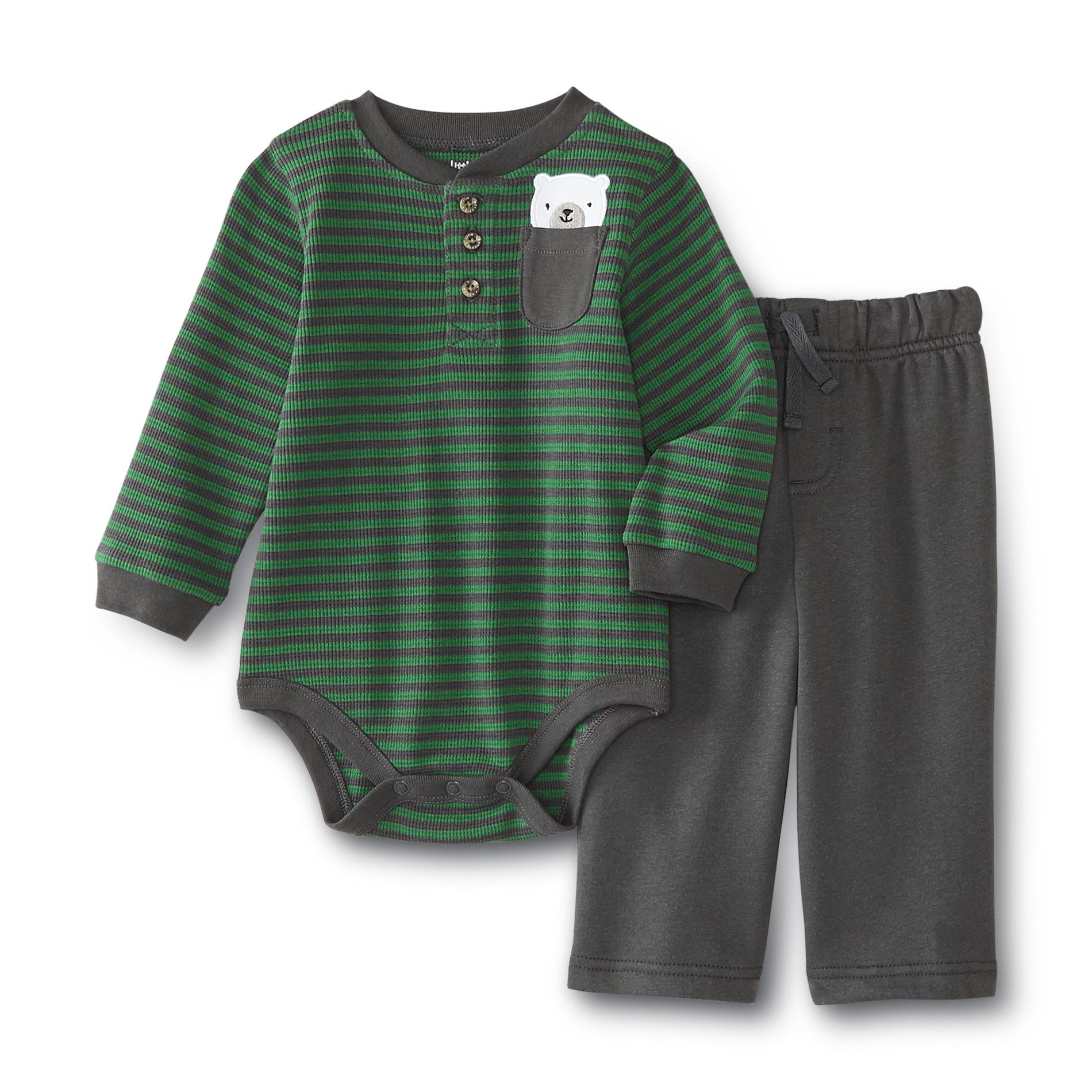 Little Wonders Newborn Boy's Thermal Bodysuit & Fleece Pants - Striped & Bear