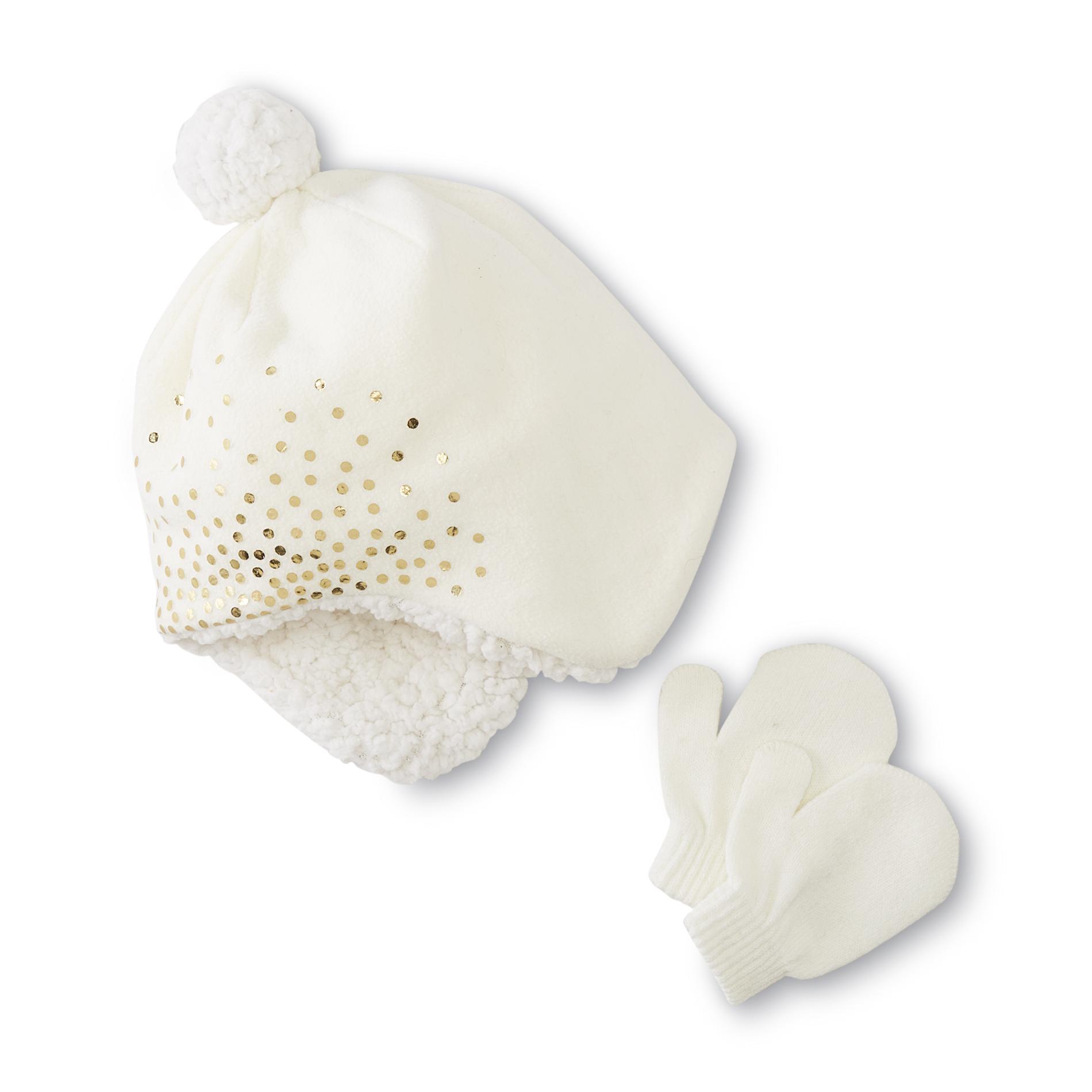 Aquarius Infant & Toddler Girl's Fleece Earflap Hat & Mittens - Metallic Dot