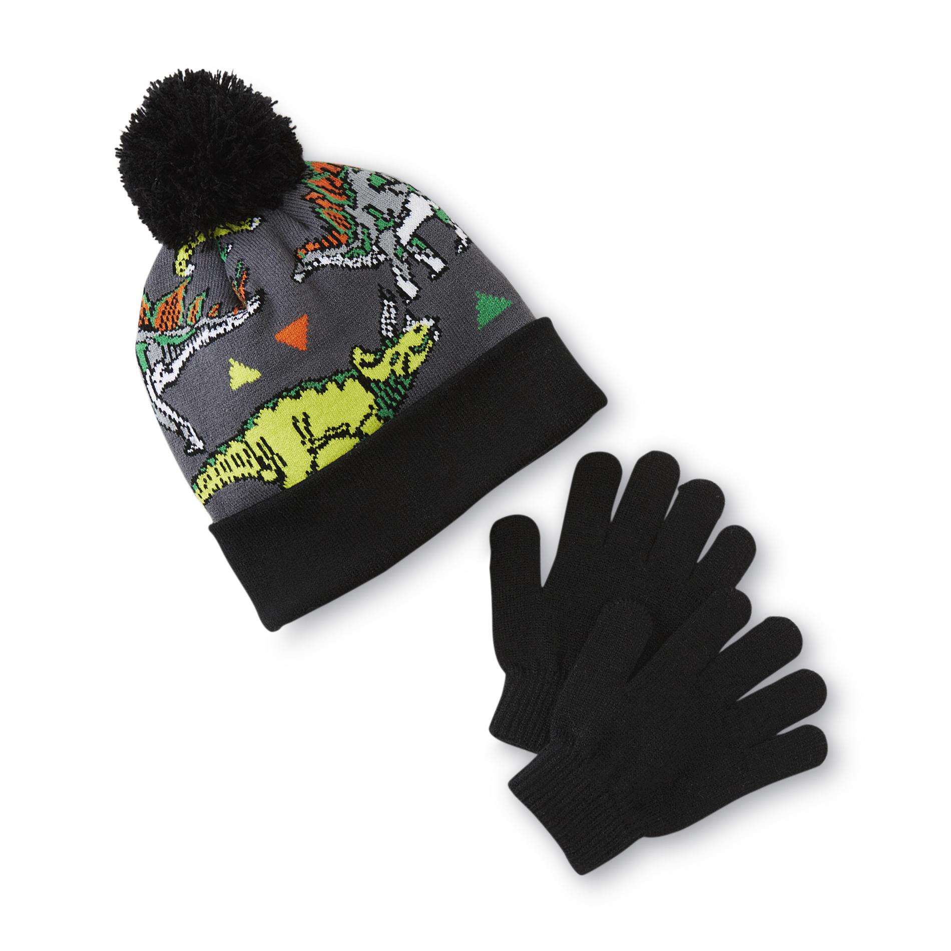 Aquarius Boy's Pompom Hat & Gloves Set - Dinosaurs