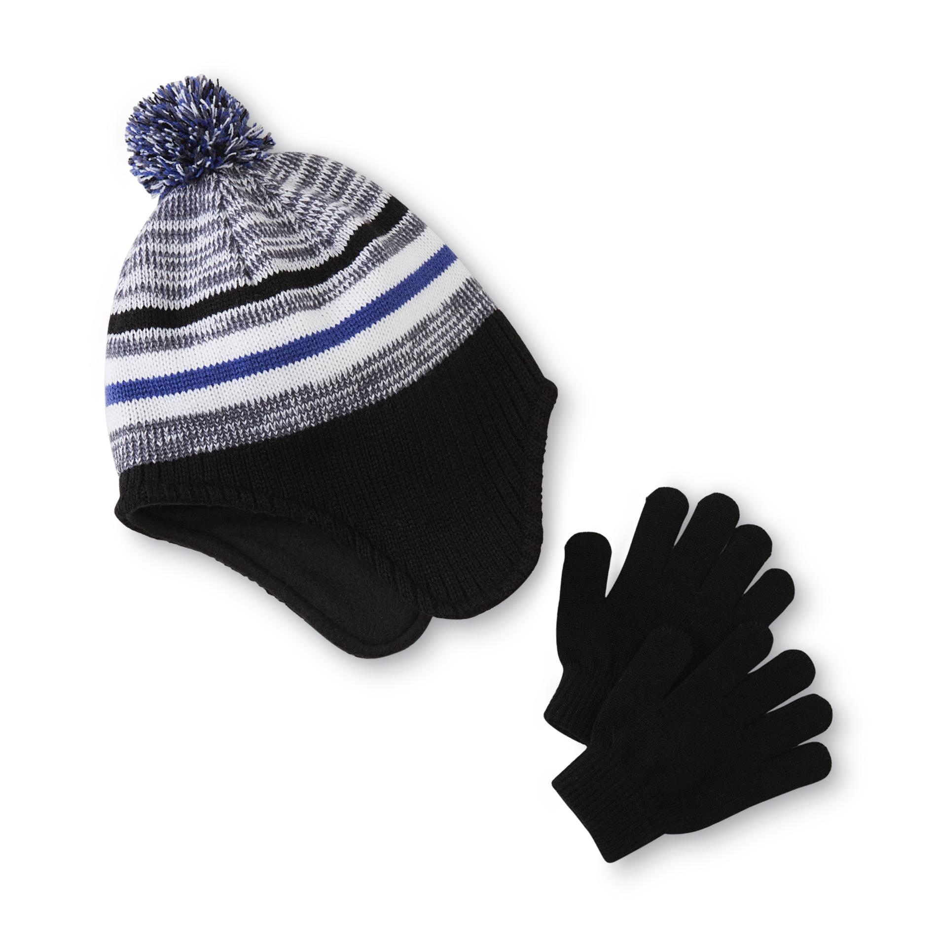 Aquarius Boy's Knit Earflap Hat & Gloves - Striped