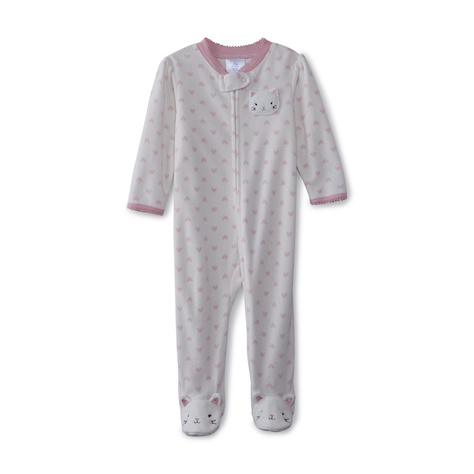 Small Wonders Newborn Girl's Microfleece Footed Pajamas - Kitten & Heart Print