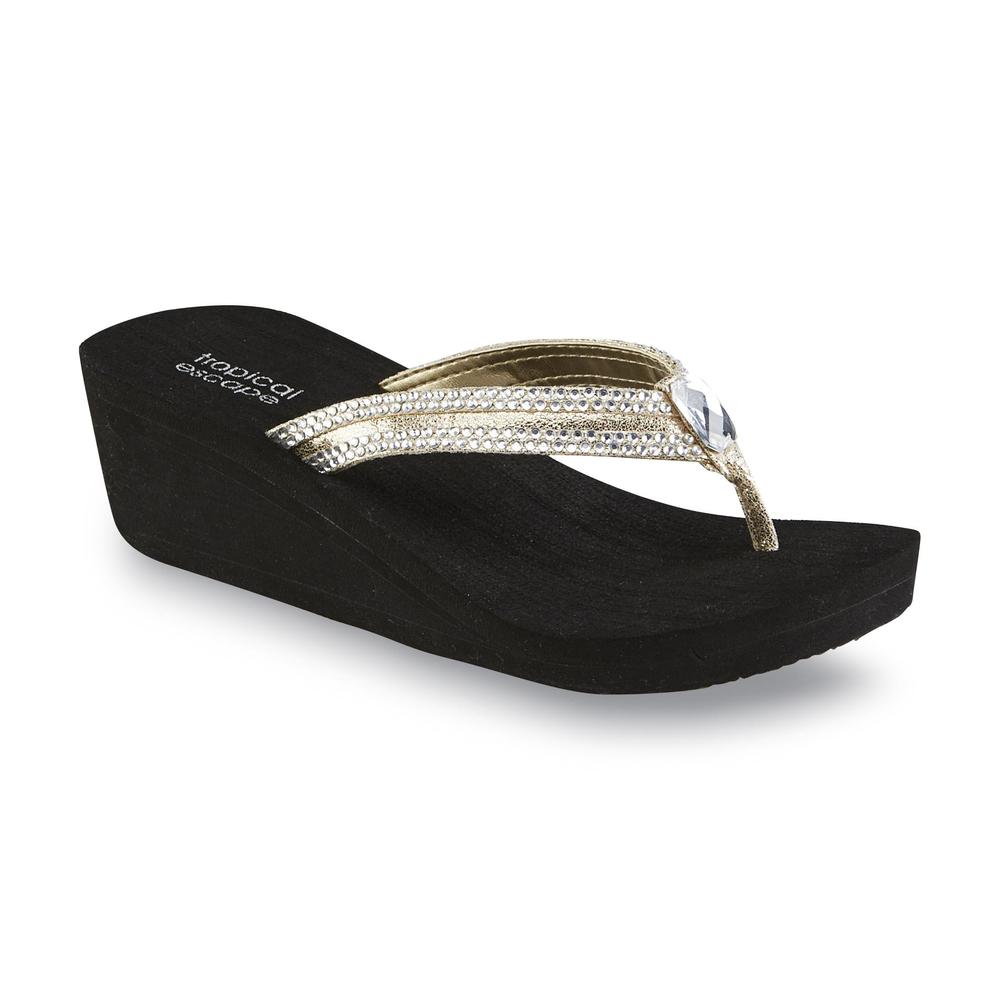 Tropical Escape Junior's Salinas Black/Gold Embellished Wedge Sandal