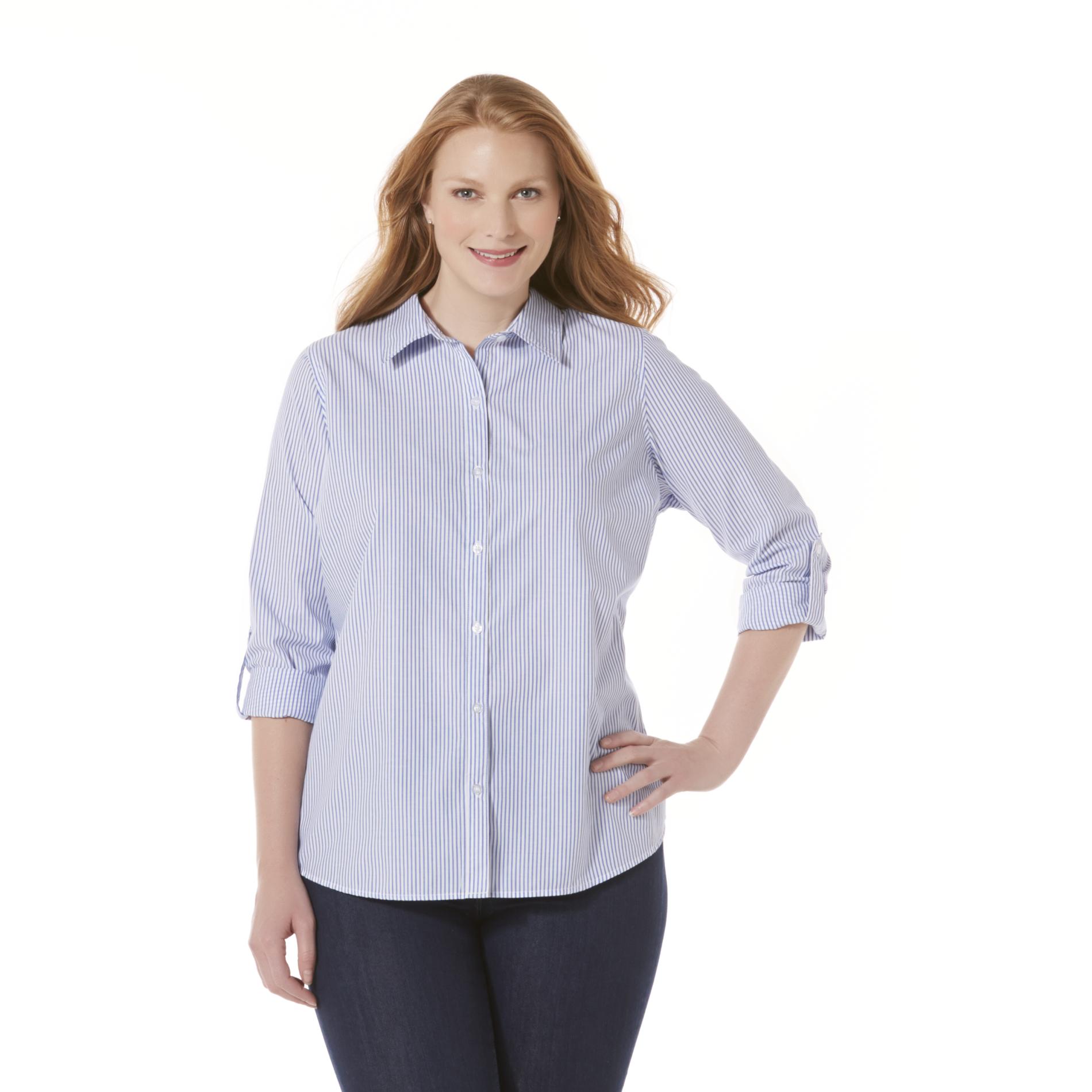 Basic Editions Women's Plus Button-Front Shirt - Striped
