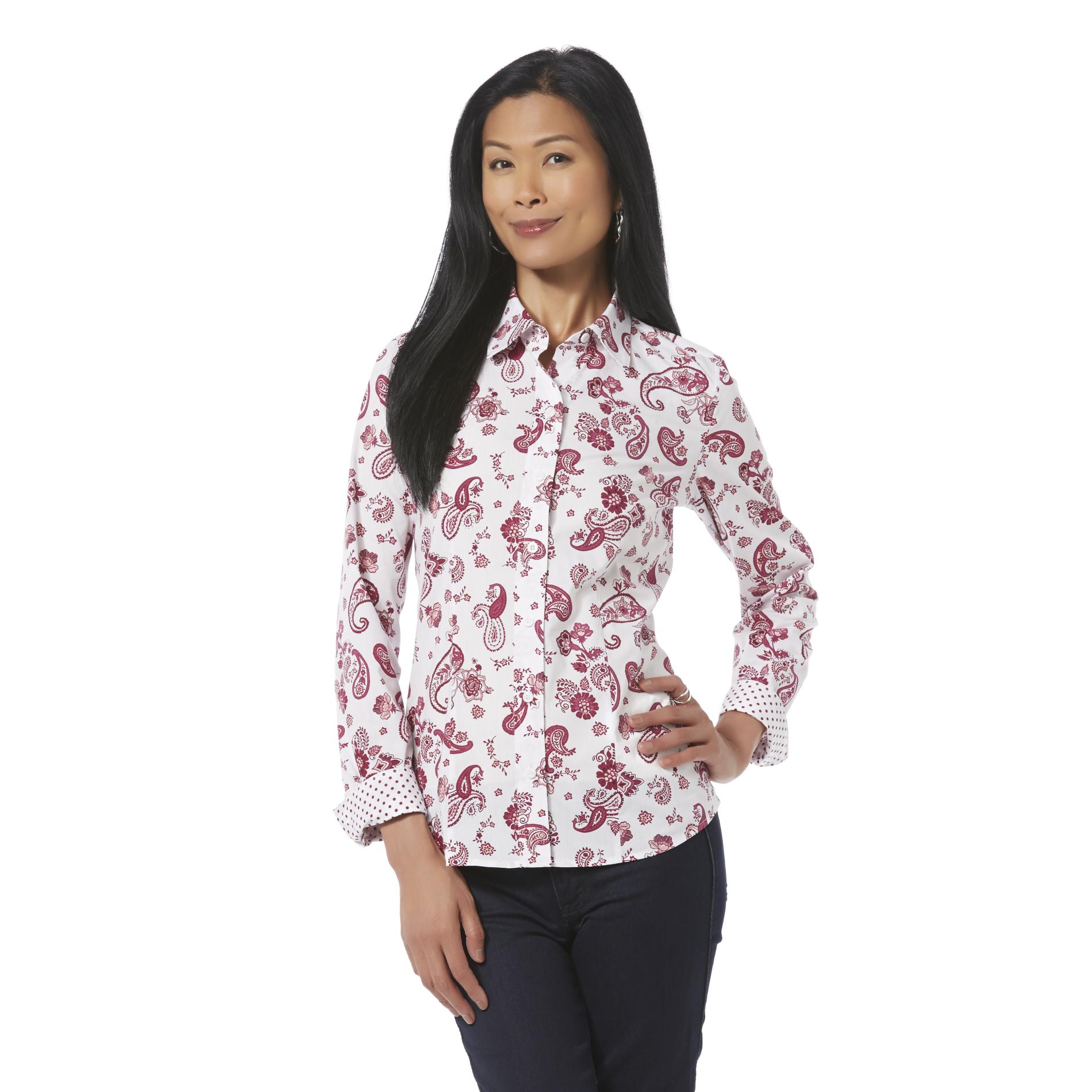 Basic Editions Women's Easy Care Button-Front Shirt - Paisley