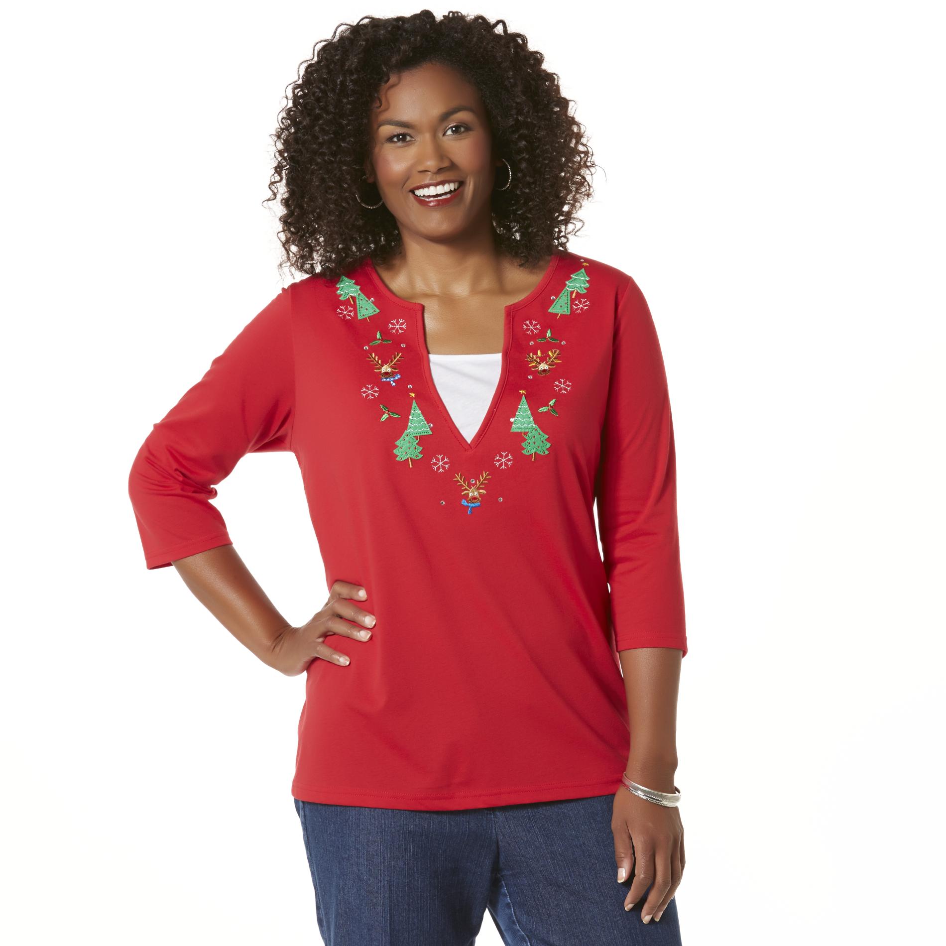 Holiday Editions Women's Plus Embroidered Top - Christmas Trees