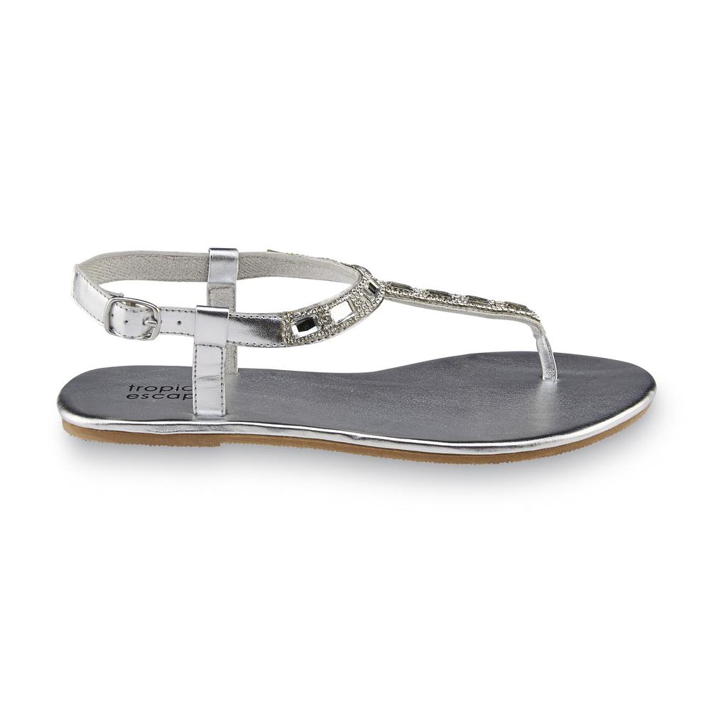 Tropical Escape Women's Glitz Silver Embellished T-Strap Sandal