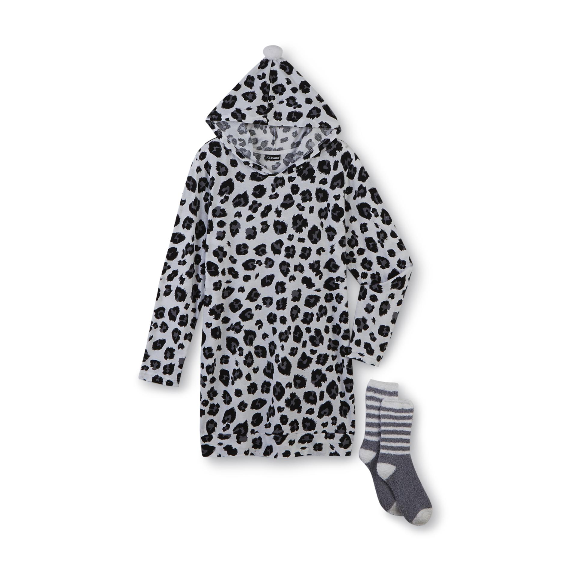 Joe Boxer Women's Hooded Sleep Shirt & Fleece Socks - Leopard Print