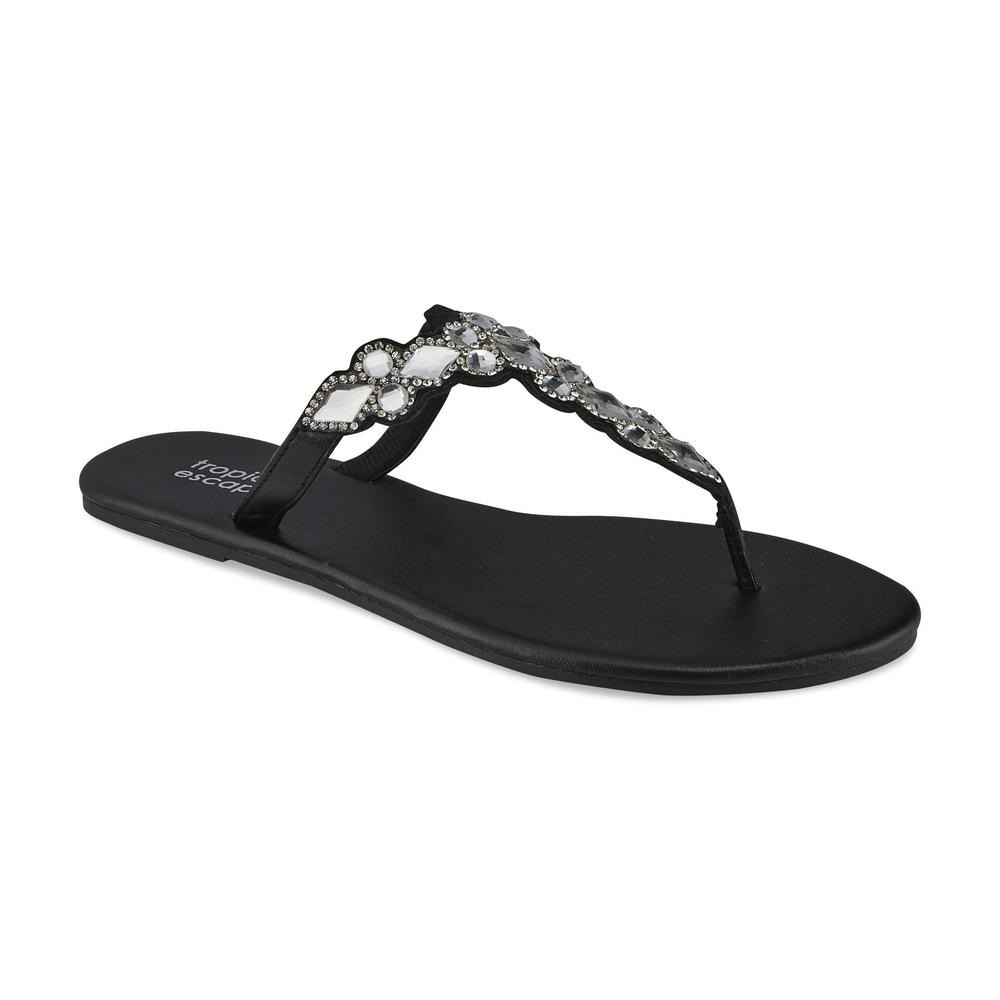 Tropical Escape Women's Glitz Black Embellished T-Strap Sandal