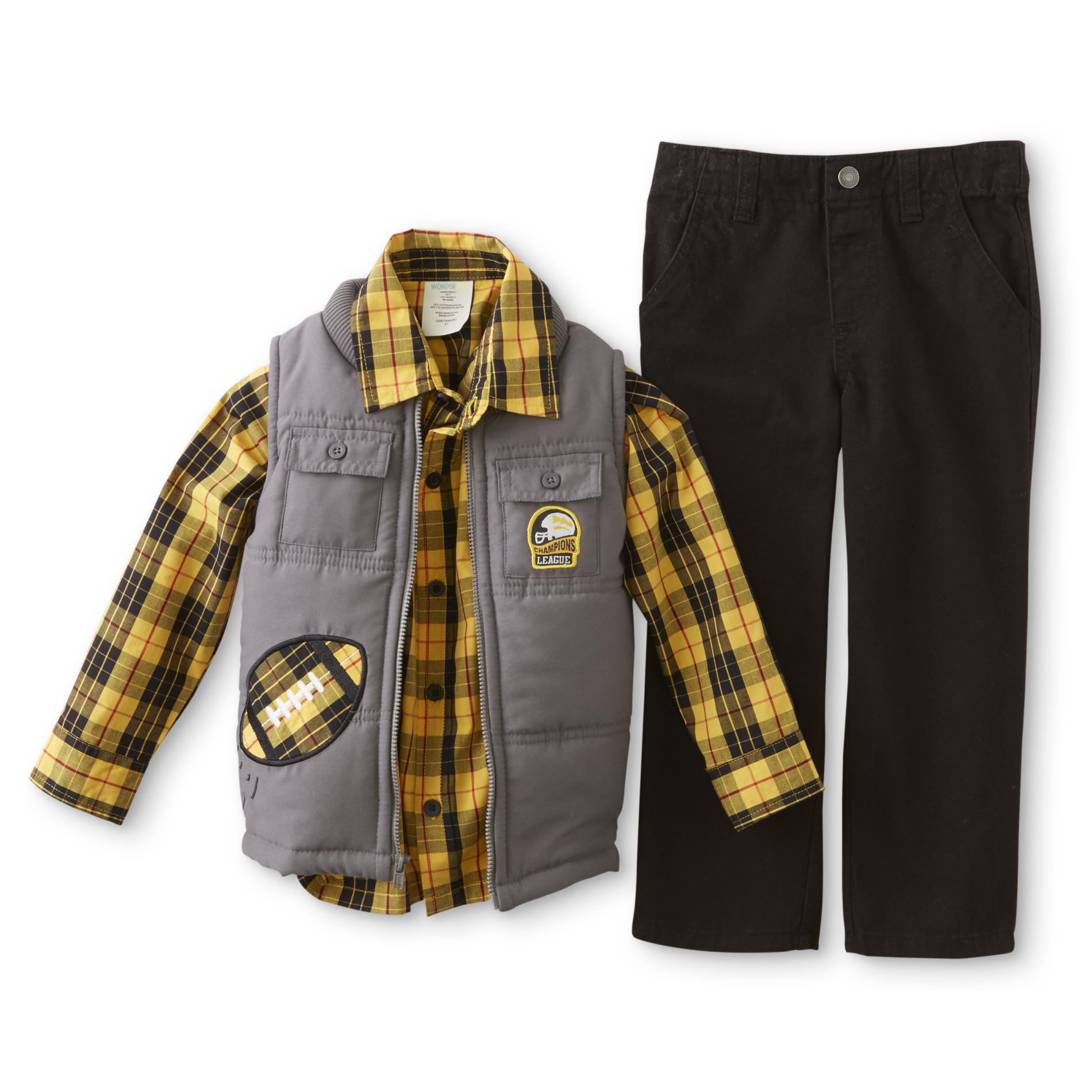 WonderKids Infant & Toddler Boys' Button-Front Shirt, Pants & Puffer Vest - Football