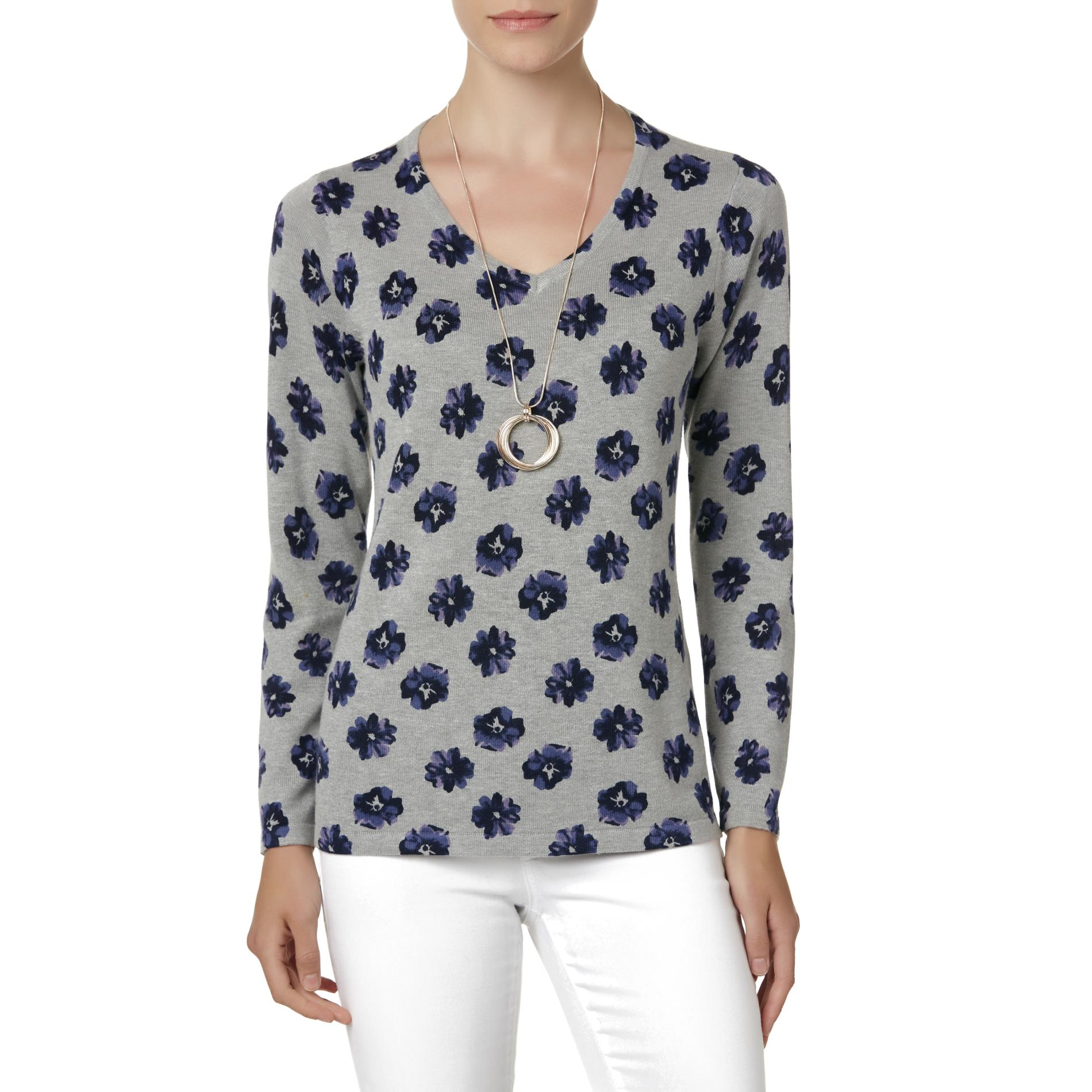 Basic Editions Women's V-Neck Sweater - Floral