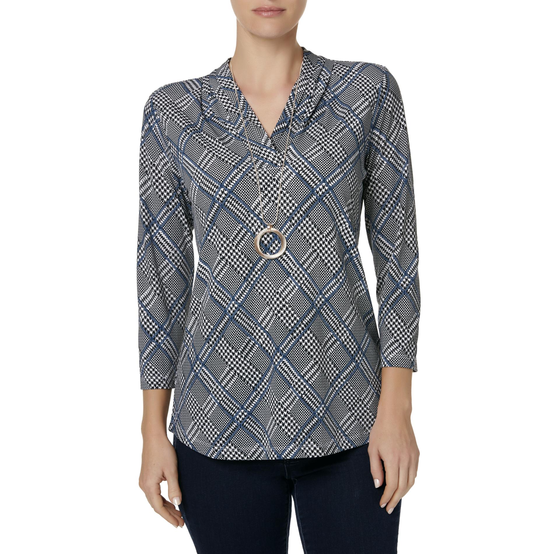 Jaclyn Smith Women's V-Neck Top - Houndstooth Checkered