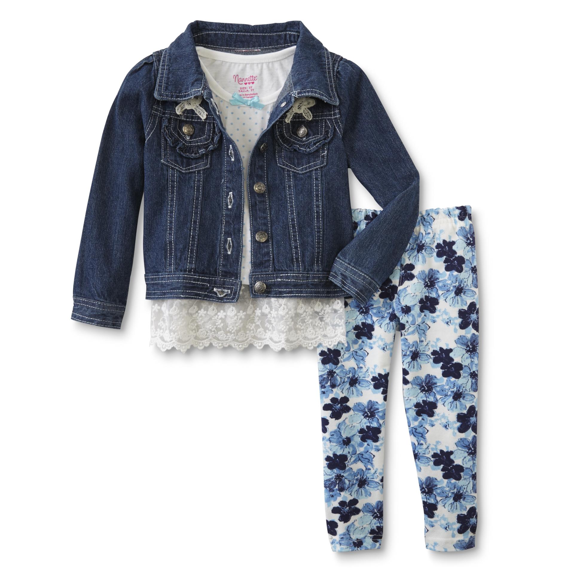 Nanette Toddler Girls' Jean Jacket, Tunic Top & Leggings - Floral & Polka-Dot