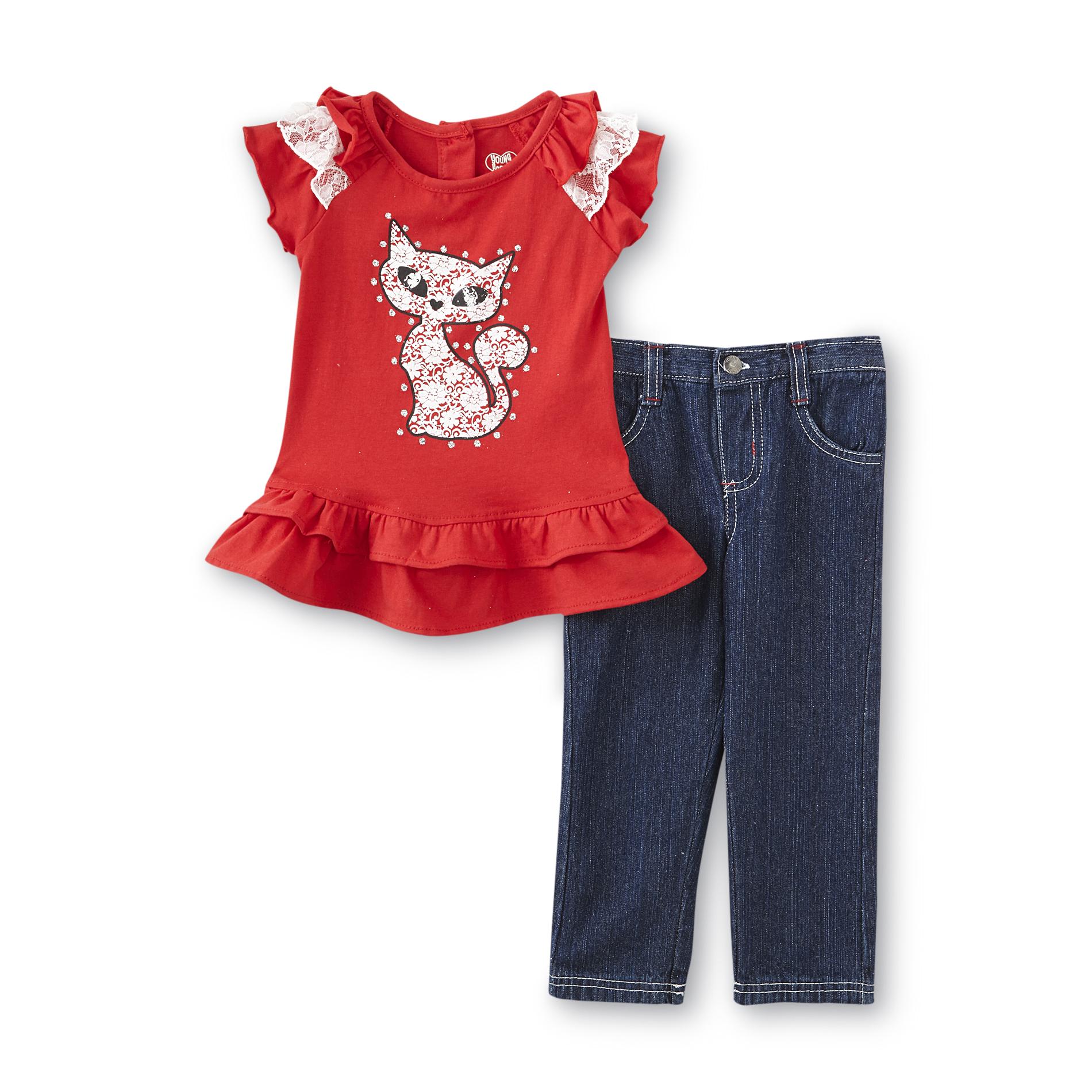 Young Hearts Toddler Girl's Graphic T-Shirt & Denim Pants - Lace Kitten