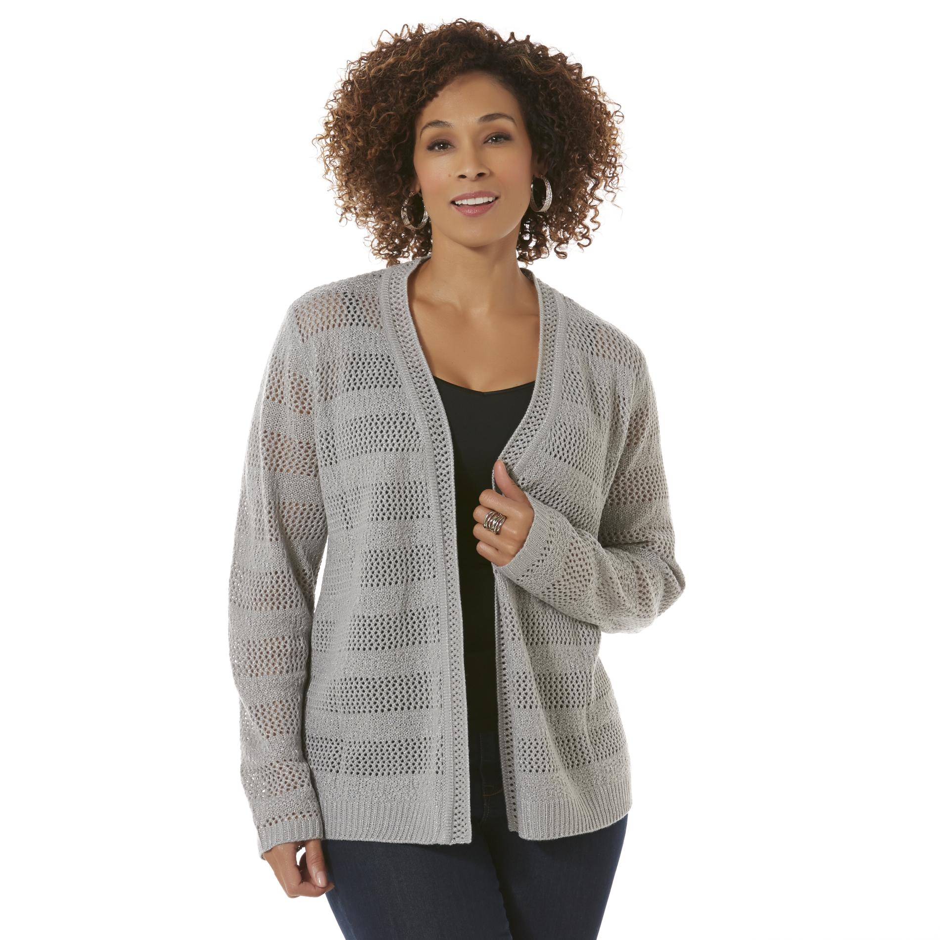 Basic Editions Women's Plus Pointelle Open-Front Cardigan