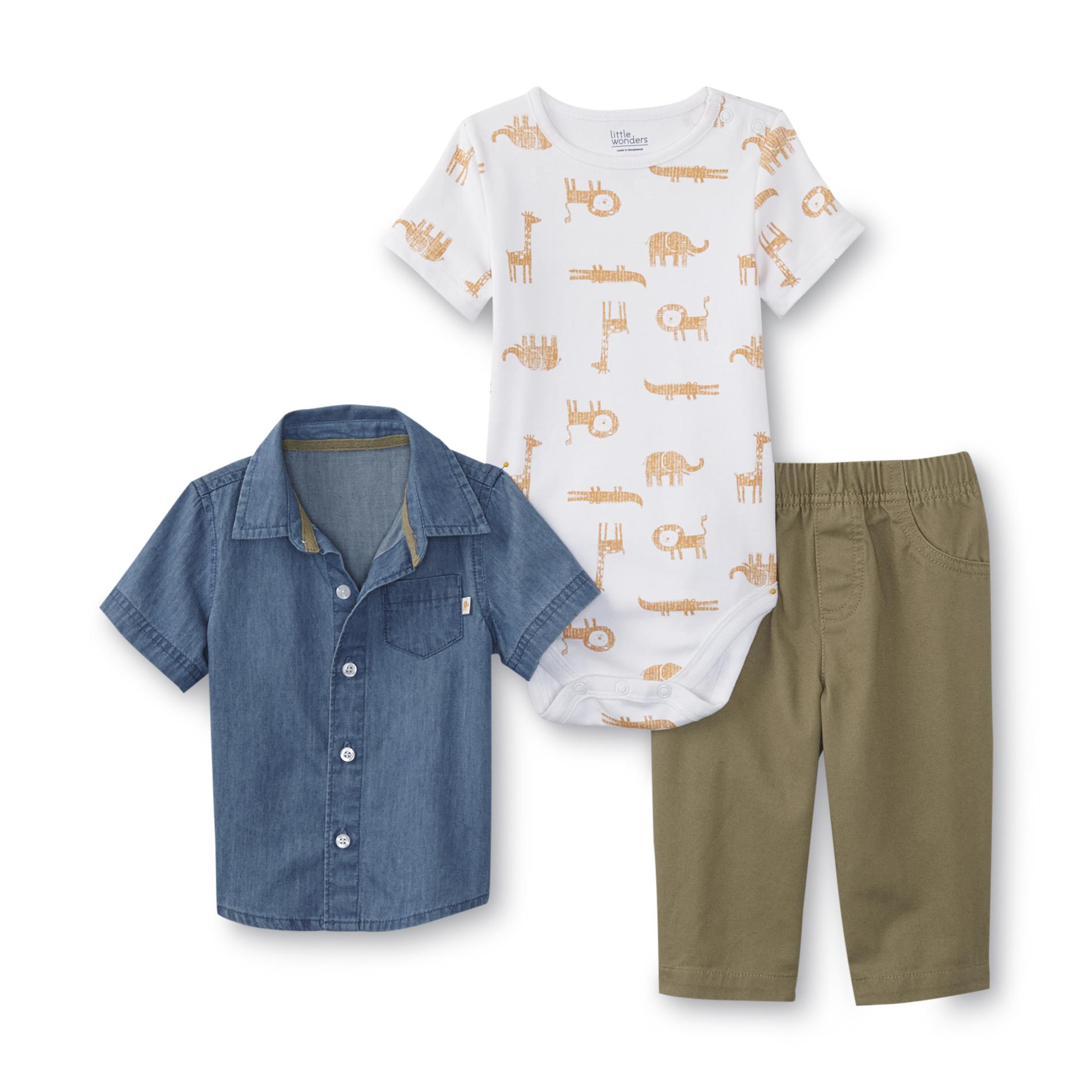 Little Wonders Newborn & Infant Boy's Bodysuit, Button-Front Shirt & Pants - Animals