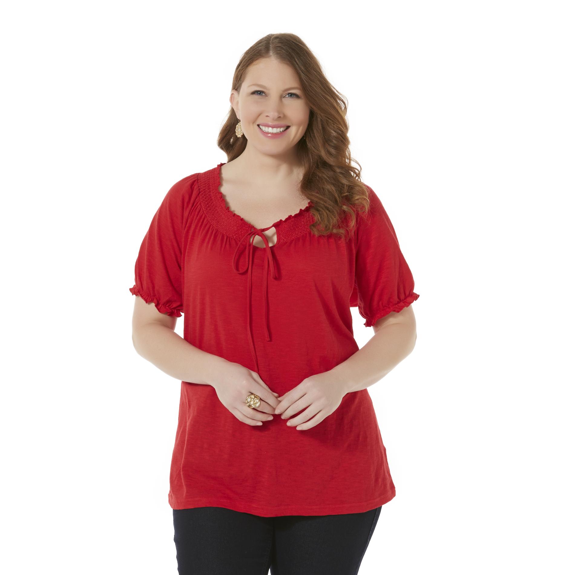 Basic Editions Women's Plus Knit Peasant Top