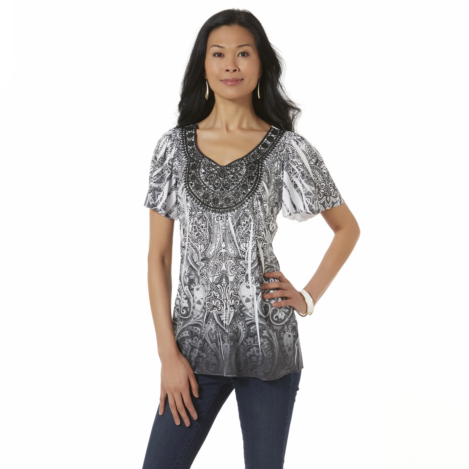 Live and Let Live Women's Embellished Sublimation Top  - Abstract Floral