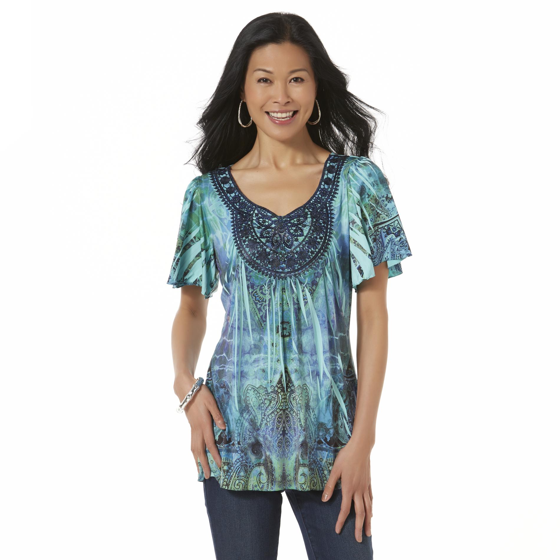 Live and Let Live Women's Embellished Sublimation Top - Abstract Paisley