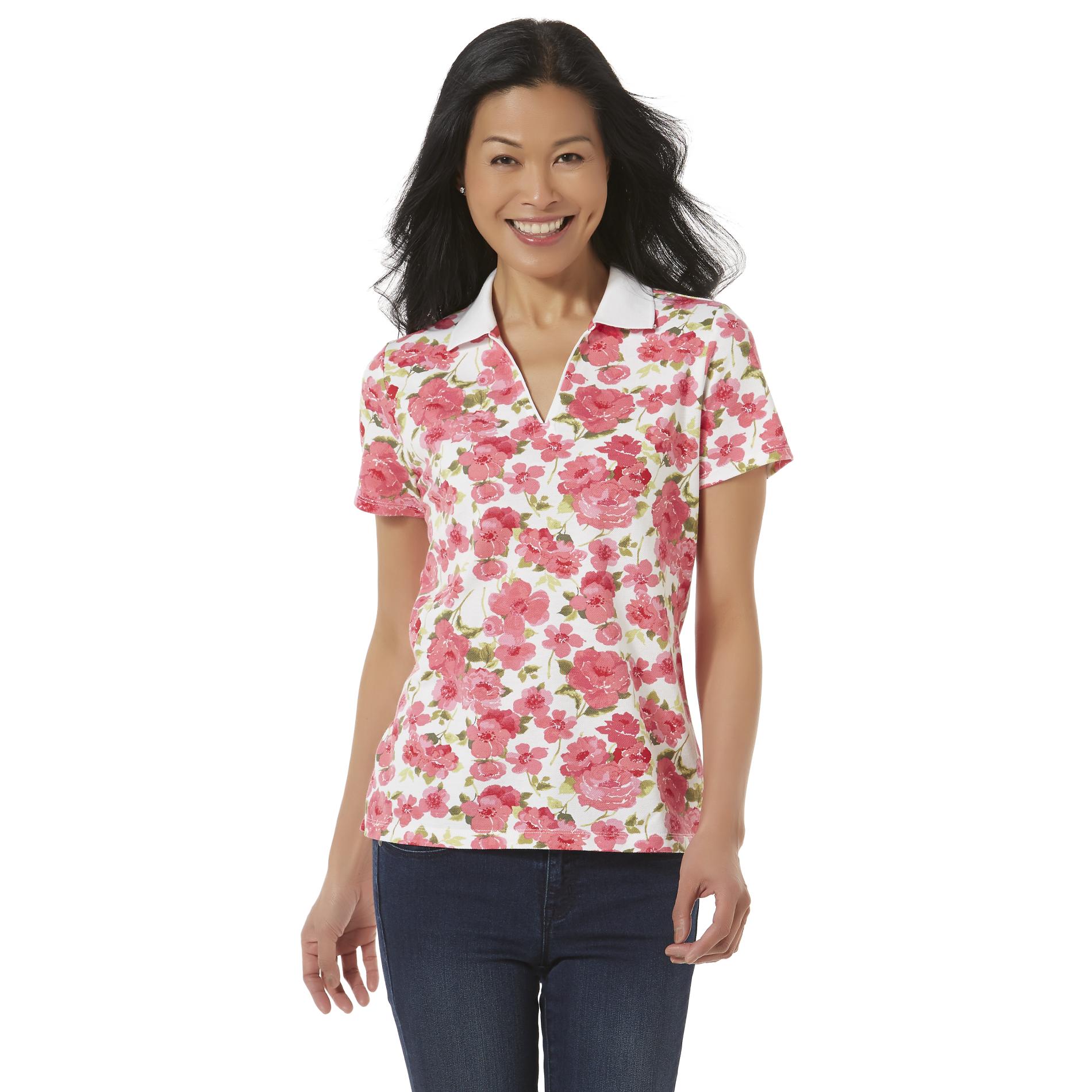 Basic Editions Women's Split Neck Polo Shirt - Floral