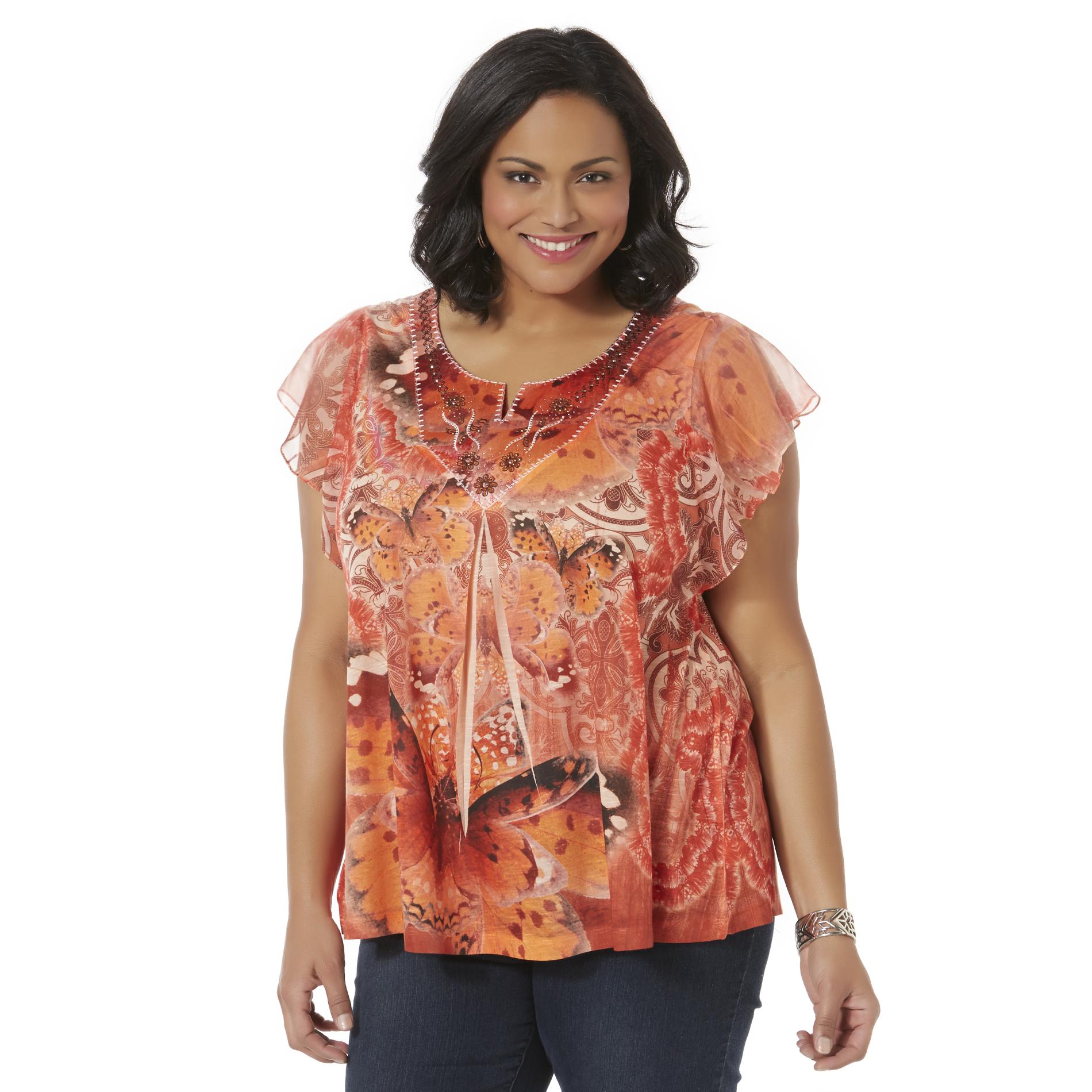 Live and Let Live Women's Plus Flutter Sleeve Top - Butterfly Print