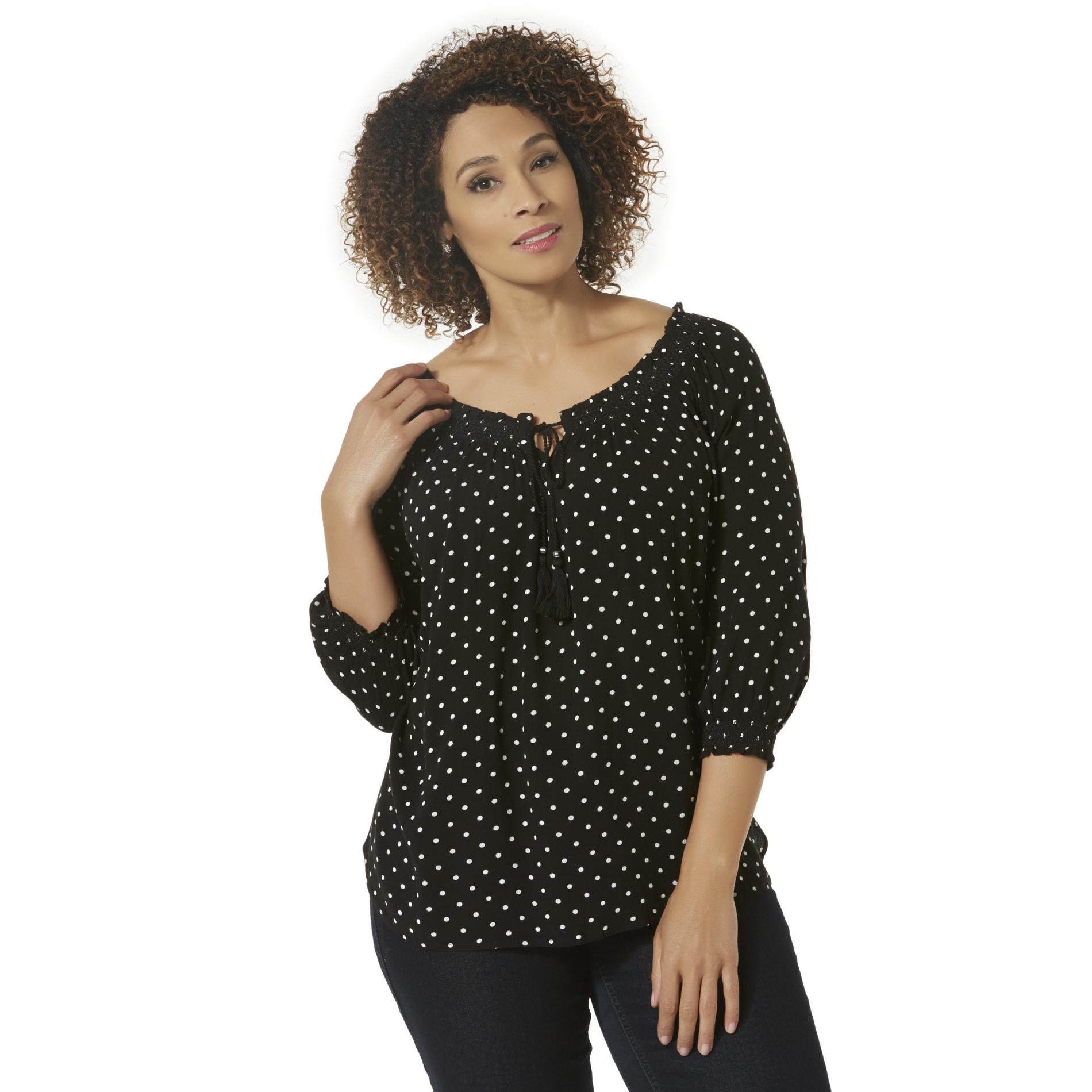 Basic Editions Women's Plus Smocked Peasant Top - Polka Dots
