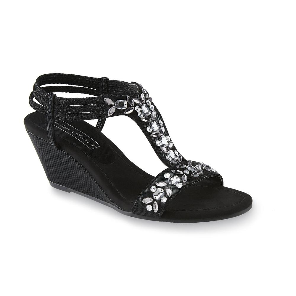 Laura Scott Women's Elegant Black T-Strap Wedge Sandal