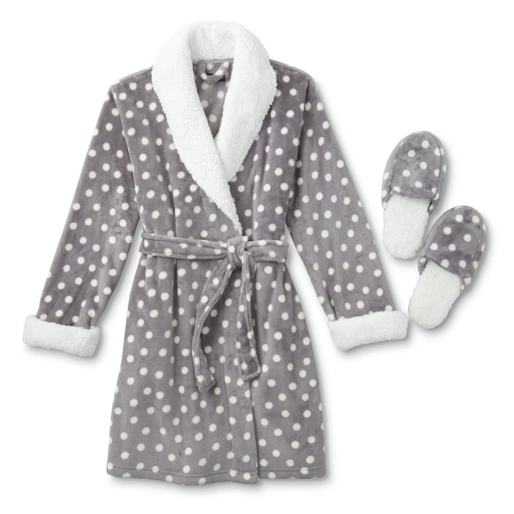 Simply Styled Women's Fleece Robe & Slippers - Polka Dot