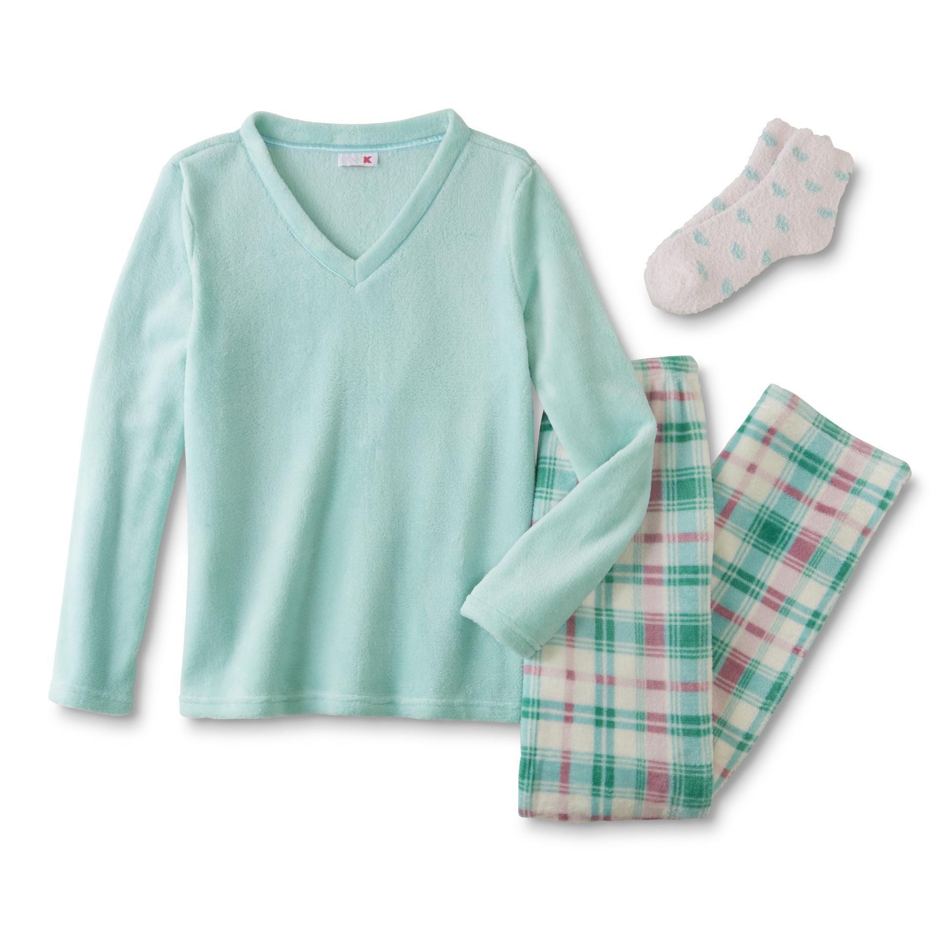 Pink K Women's Fleece Pajama Shirt , Pants & Socks - Plaid