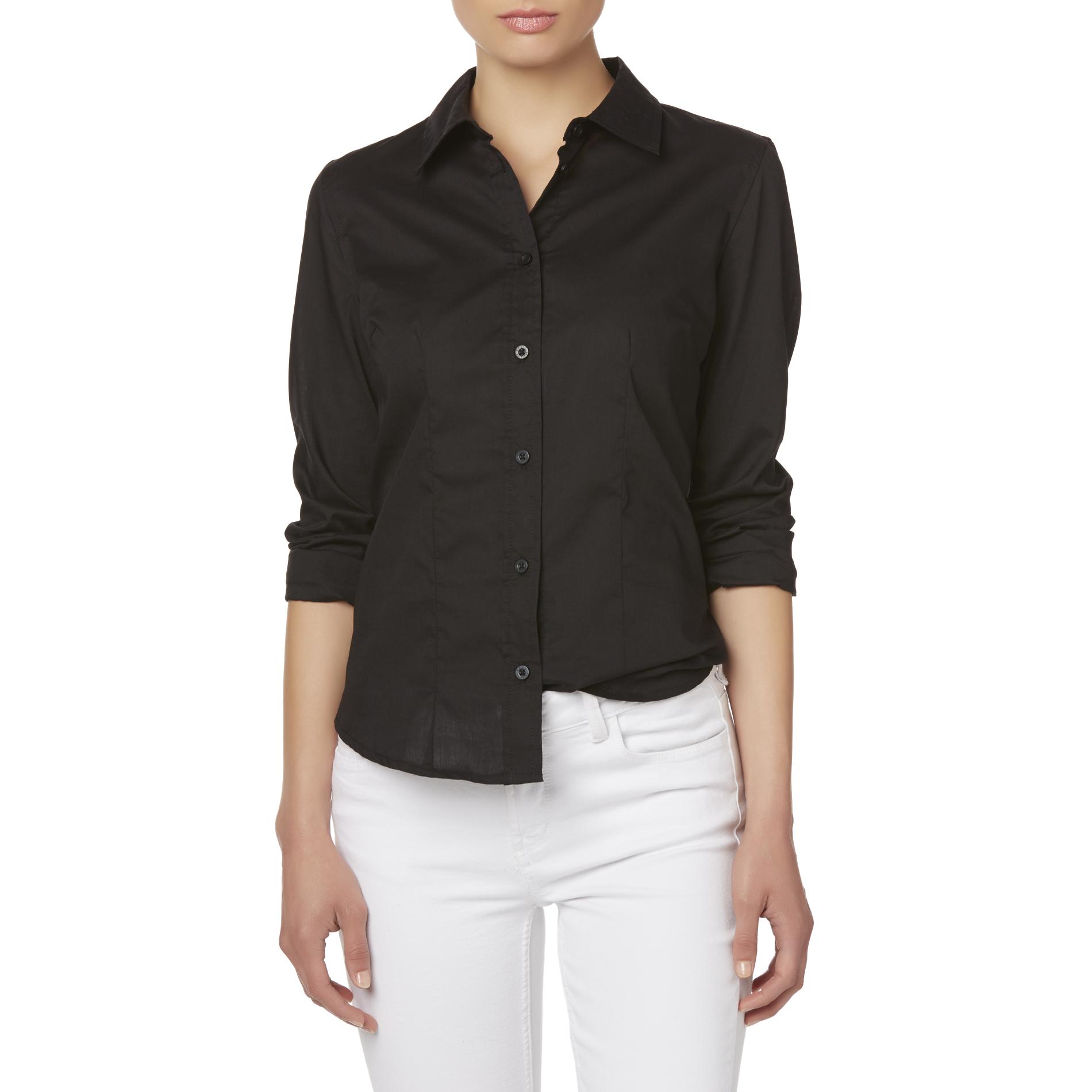 Basic Editions Women's Button-Front Shirt, Size: Small, Black Basic Editions Women's Button-Front Shirt, Size: Small, Black
