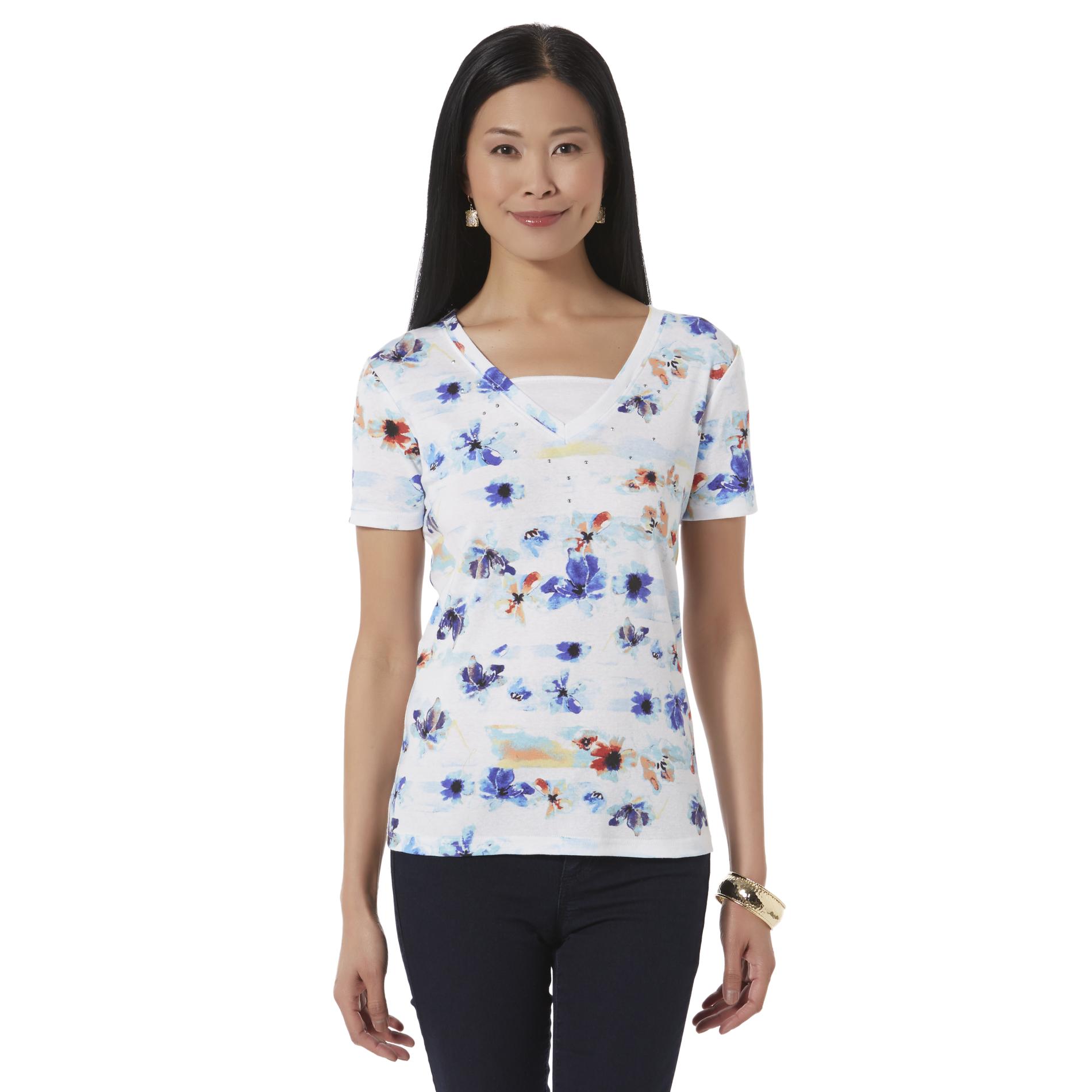 Basic Editions Women's Layered-Look V-Neck Top - Floral Print