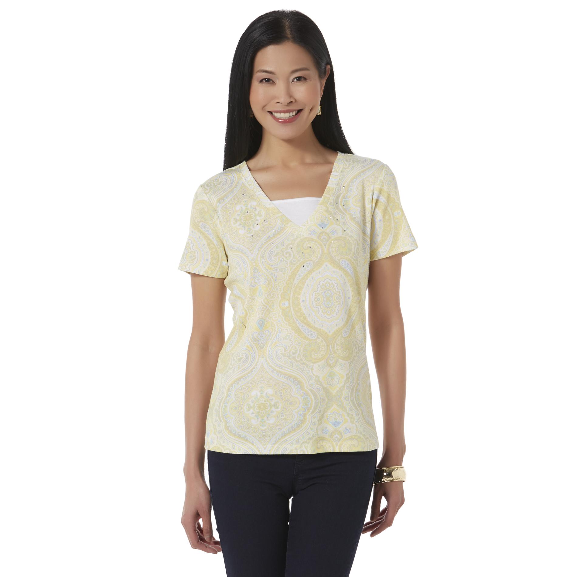 Basic Editions Women's Layered-Look V-Neck Top - Paisley Print